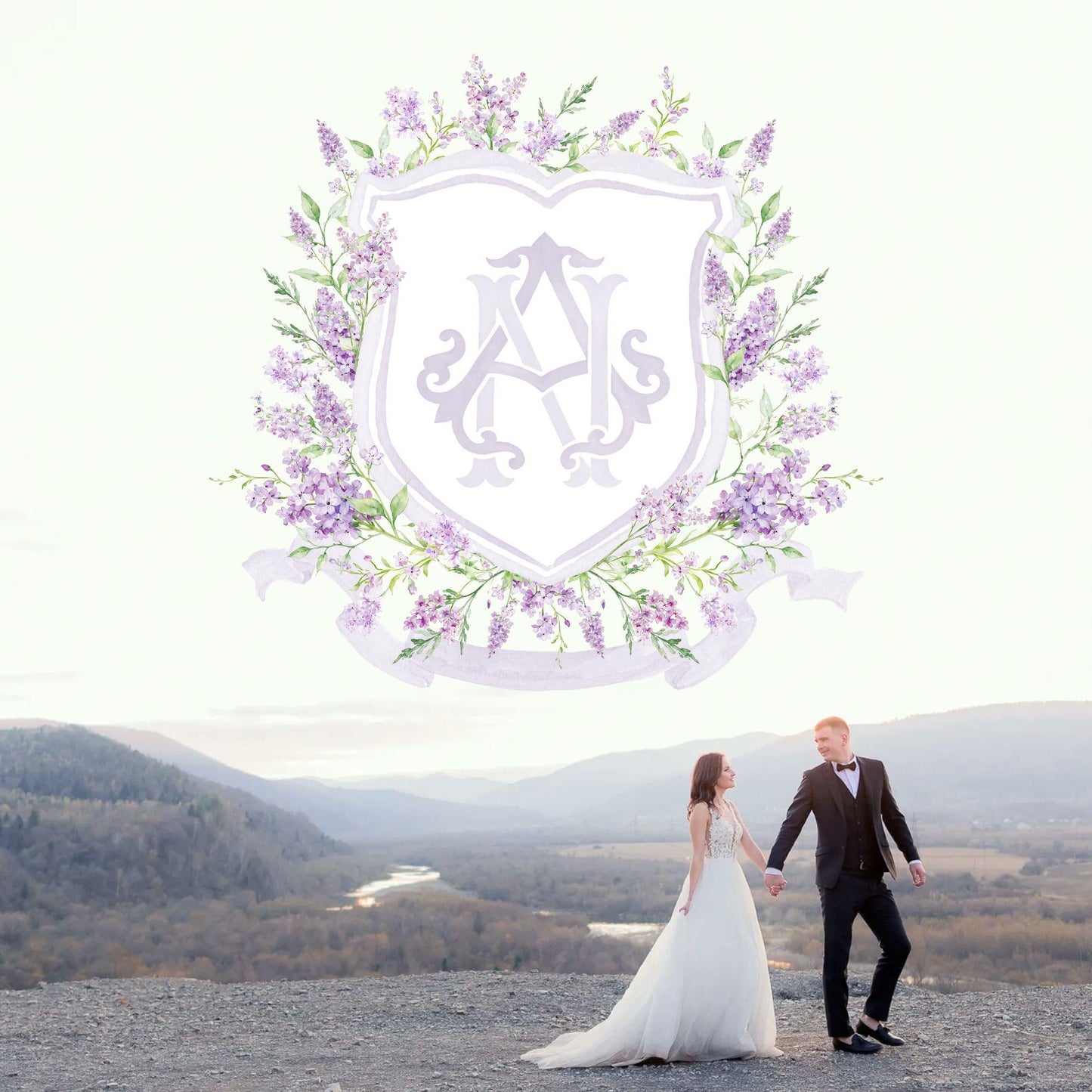 Lilac Lavender Purple Flower Wedding Crest - Monogram Crest - lavender purple Floral Luxury Watercolor Wedding Crest, Romantic Wedding Crest