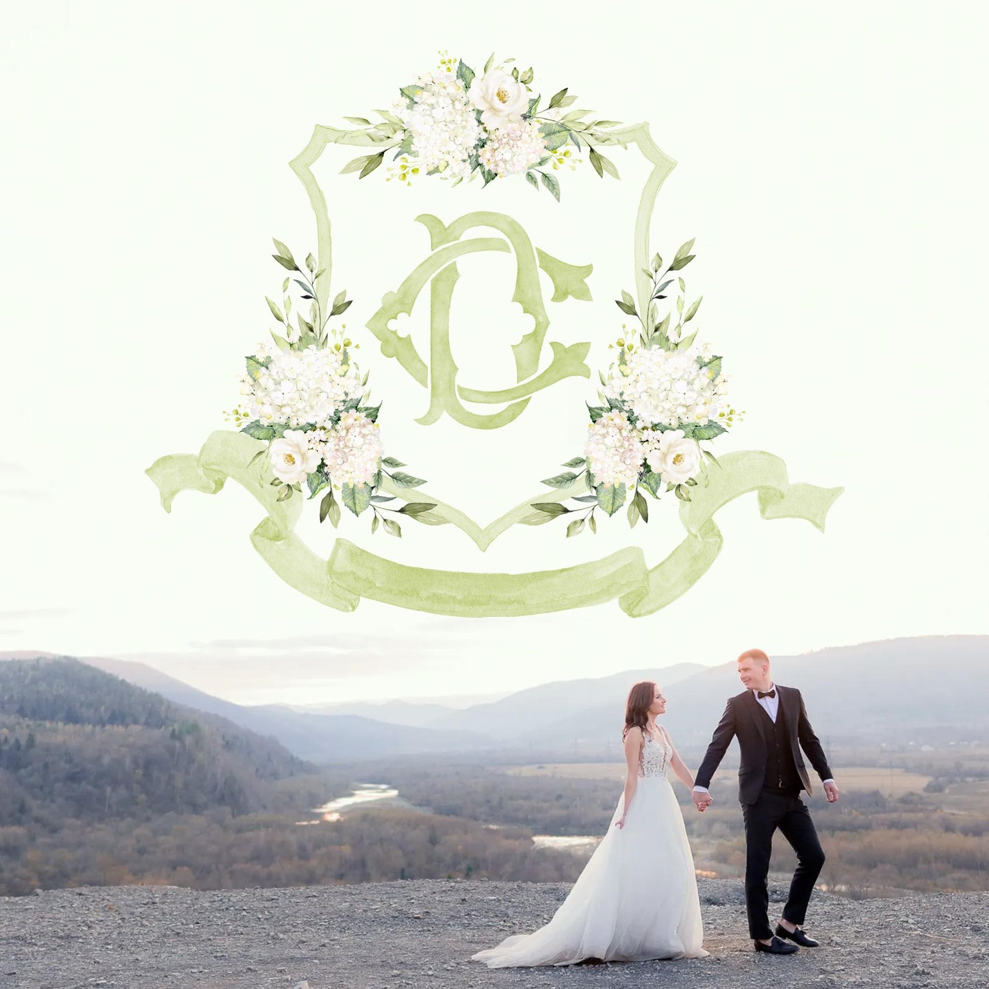 White Hydrangea Flower Wedding Crest - Monogram Crest - Hydrangea Floral Luxury Watercolor Wedding Crest - Romantic Wedding Crest