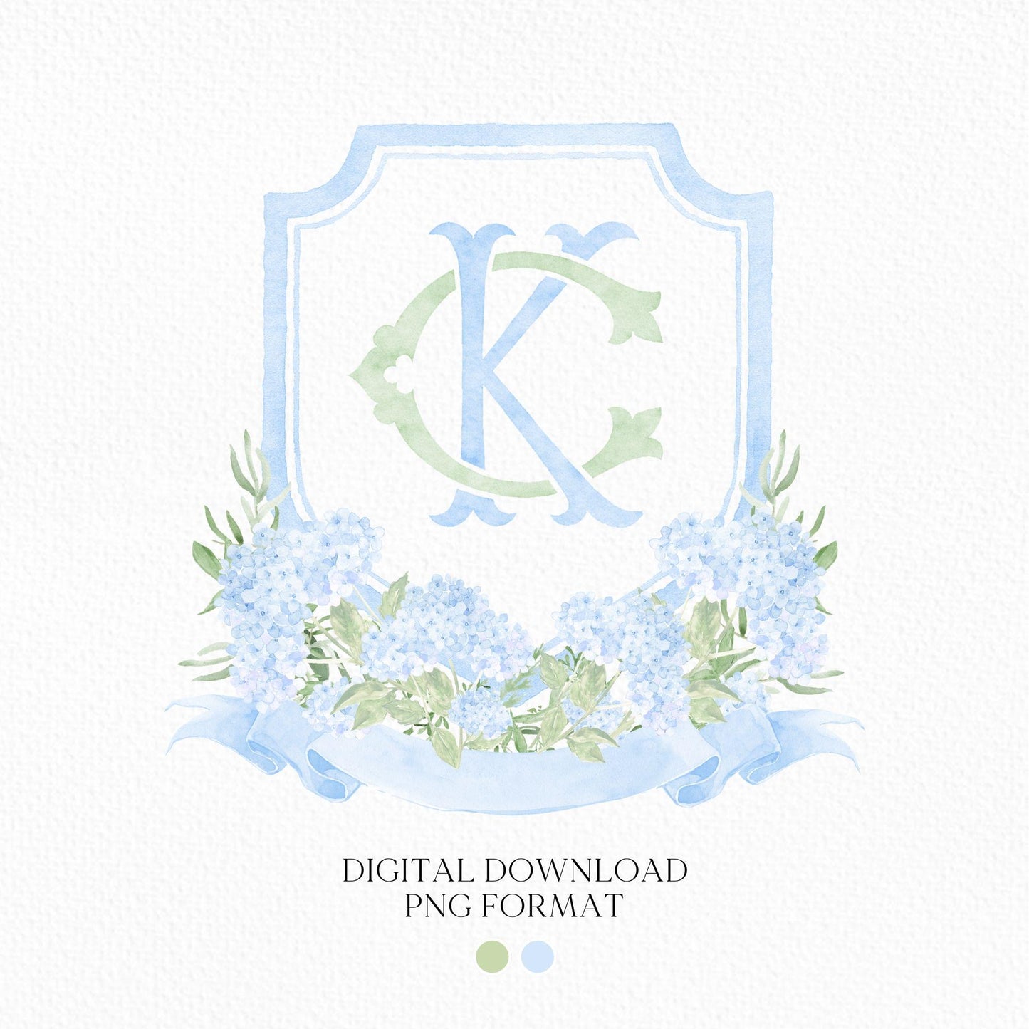 Watercolor Hydrangea Wedding Crest – Light Blue Floral Monogram (Digital Download)
