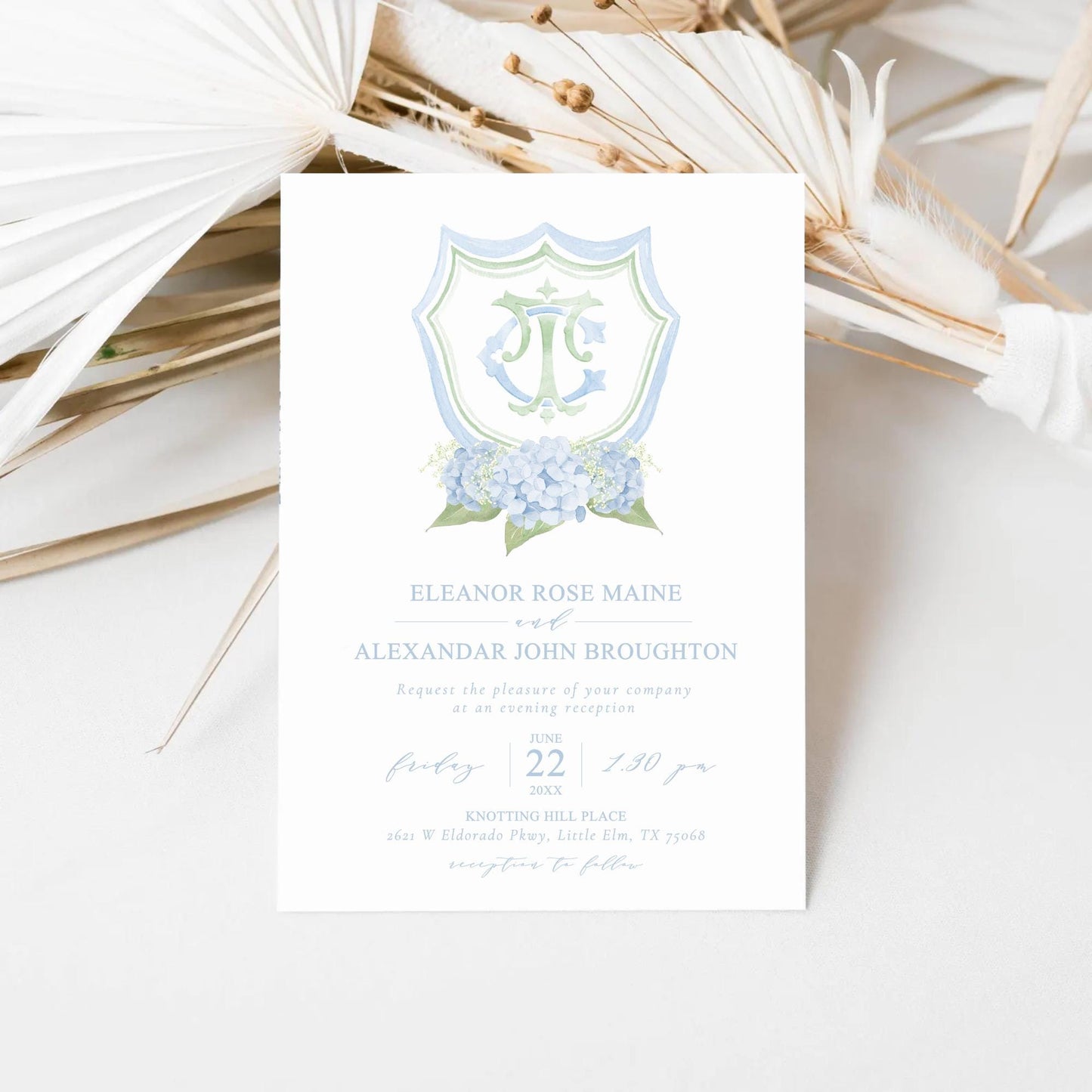 Hydrangea Flower Sage Green Baby's Breath Wedding Crest - Monogram Crest - Hydrangea Light Blue Floral Luxury Watercolor Wedding Crest
