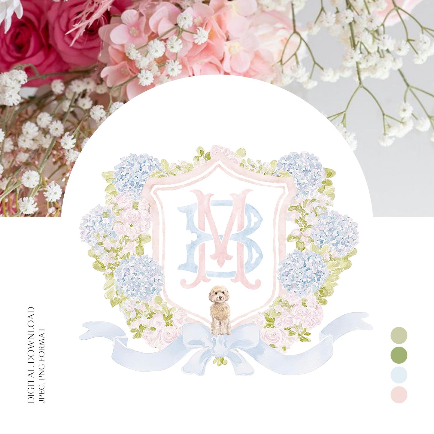 Hydrangea Pink Green Floral Wedding Crest - Monogram Crest - Green Baby's Breath Hydrangea Floral Luxury Watercolor Wedding Crest