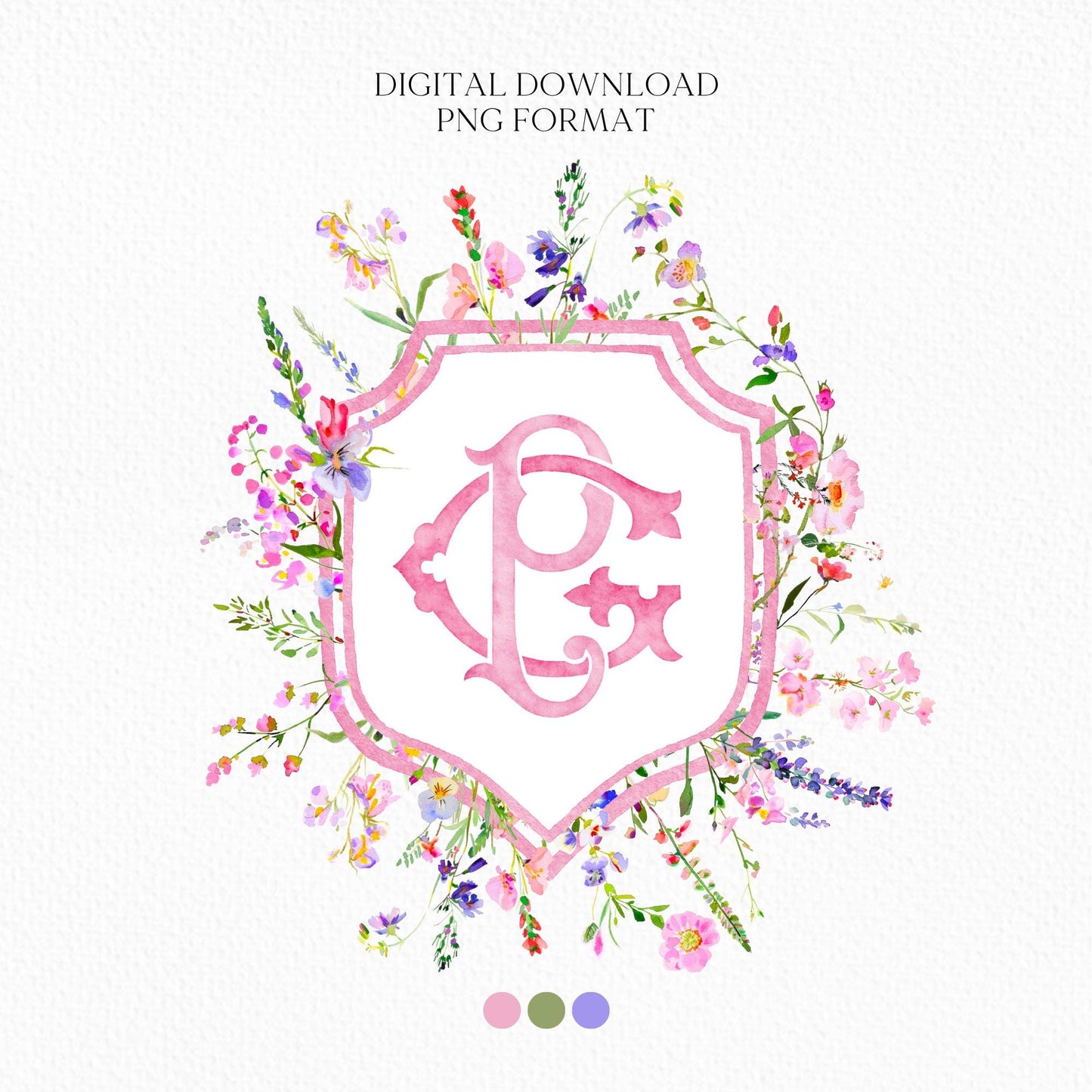 Pink Wildflower Garden Flower Wedding Crest - Monogram Crest - Colorful Spring Floral Watercolor Wedding Crest - Romantic Wedding Crest
