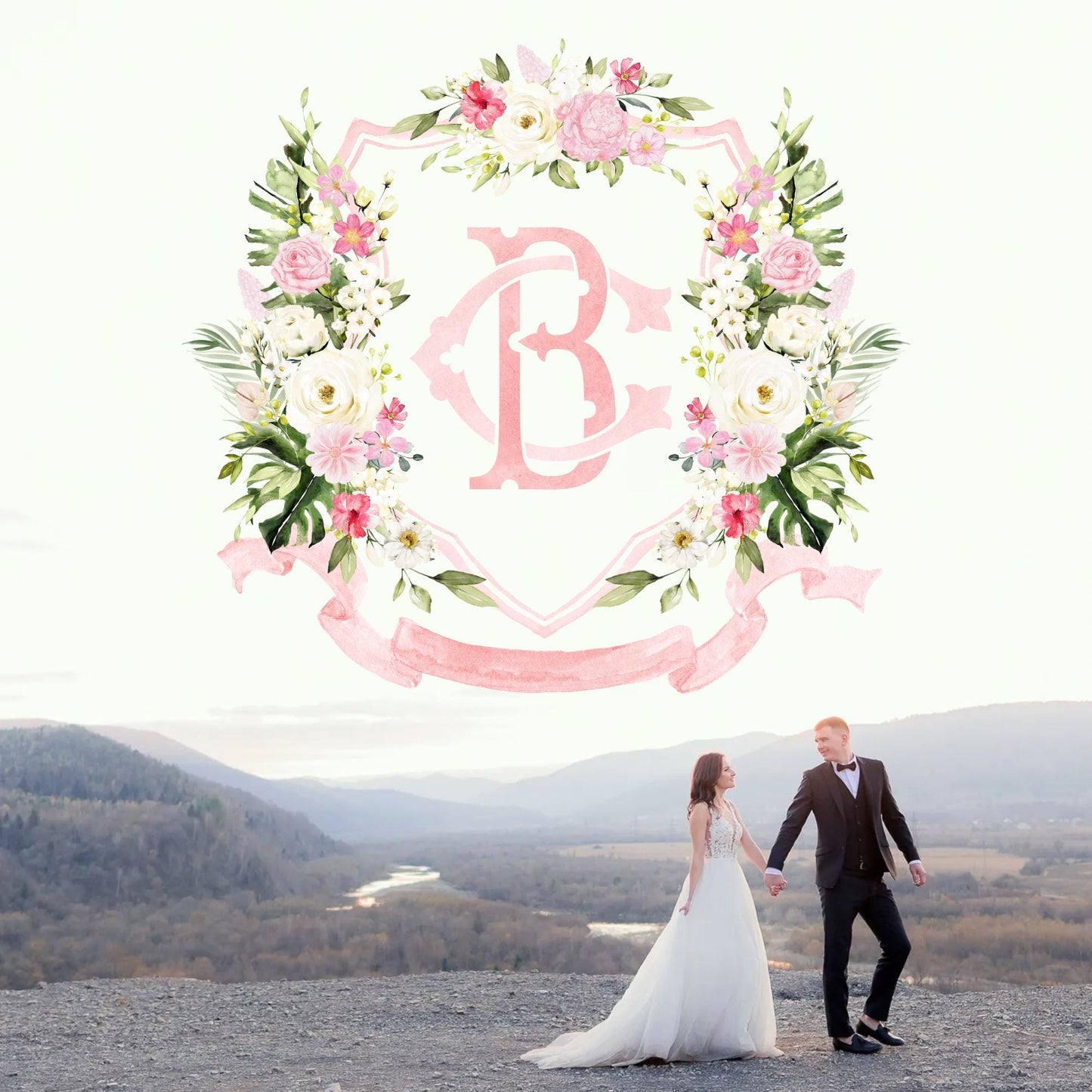 White Roses Floral Watercolor With  Palm Wedding Crest - Monogram Crest - Tropical Palm Watercolor Flowers Wedding Crest - Romantic Wedding