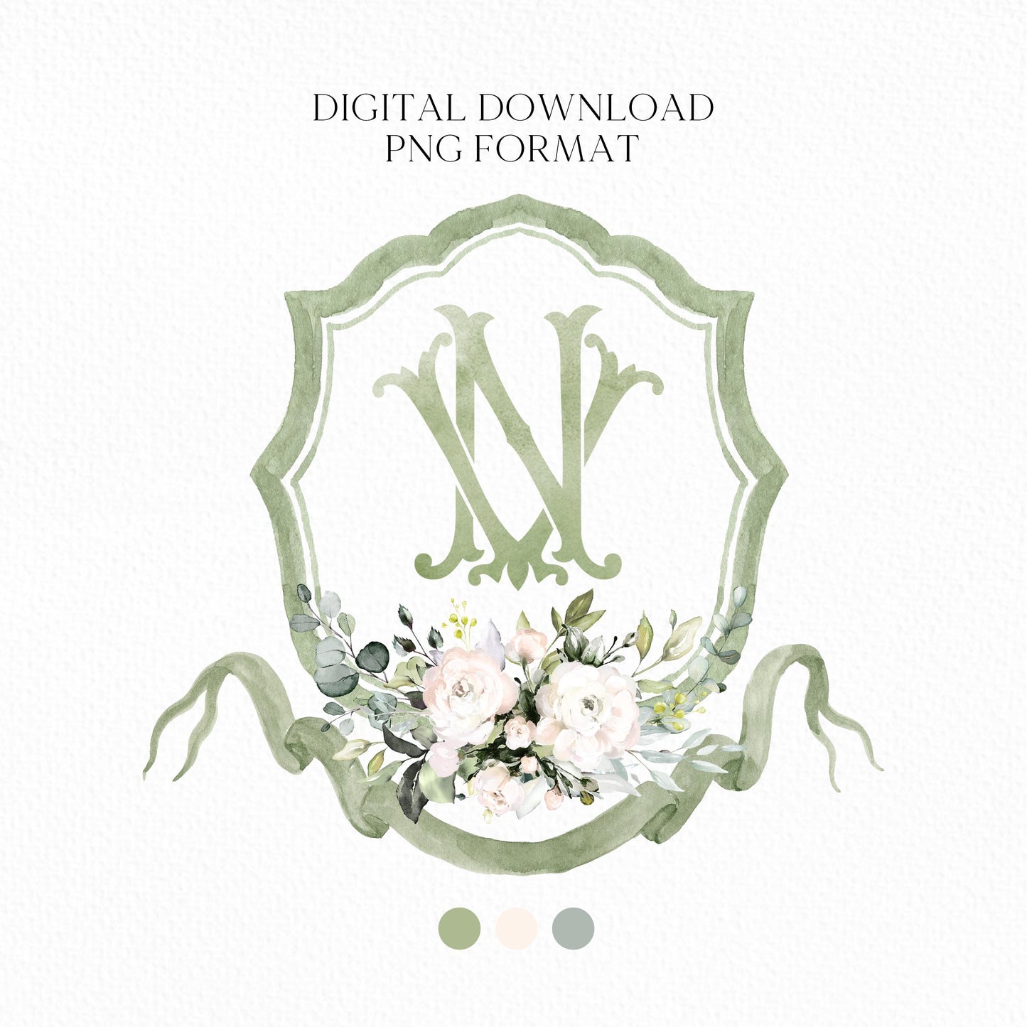 IVORY Rose Greenery Floral Flower Wedding Crest - Monogram Crest - IVORY Rose Luxury Watercolor Wedding Crest - Romantic Wedding Crest