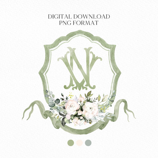 IVORY Rose Greenery Floral Flower Wedding Crest - Monogram Crest - IVORY Rose Luxury Watercolor Wedding Crest - Romantic Wedding Crest