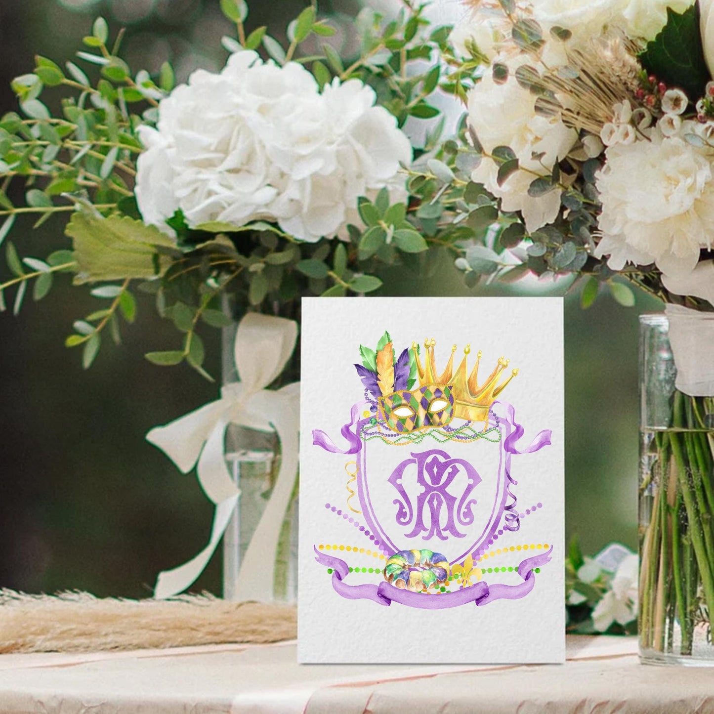 Mardi Gras New Orleans Crest Watercolor Wedding Crest - Monogram Crest - Mardi Gras Watercolor Wedding Crest Romantic Wedding Crest