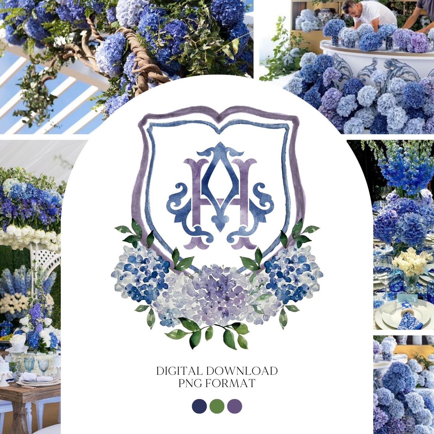 Navy Blue Hydrangea Flower Wedding Crest - Monogram Crest - Purple Hydrangea White Floral Watercolor Wedding Crest Romantic Wedding Crest