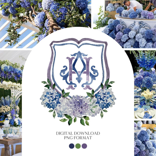 Navy Blue Hydrangea Flower Wedding Crest - Monogram Crest - Purple Hydrangea White Floral Watercolor Wedding Crest Romantic Wedding Crest