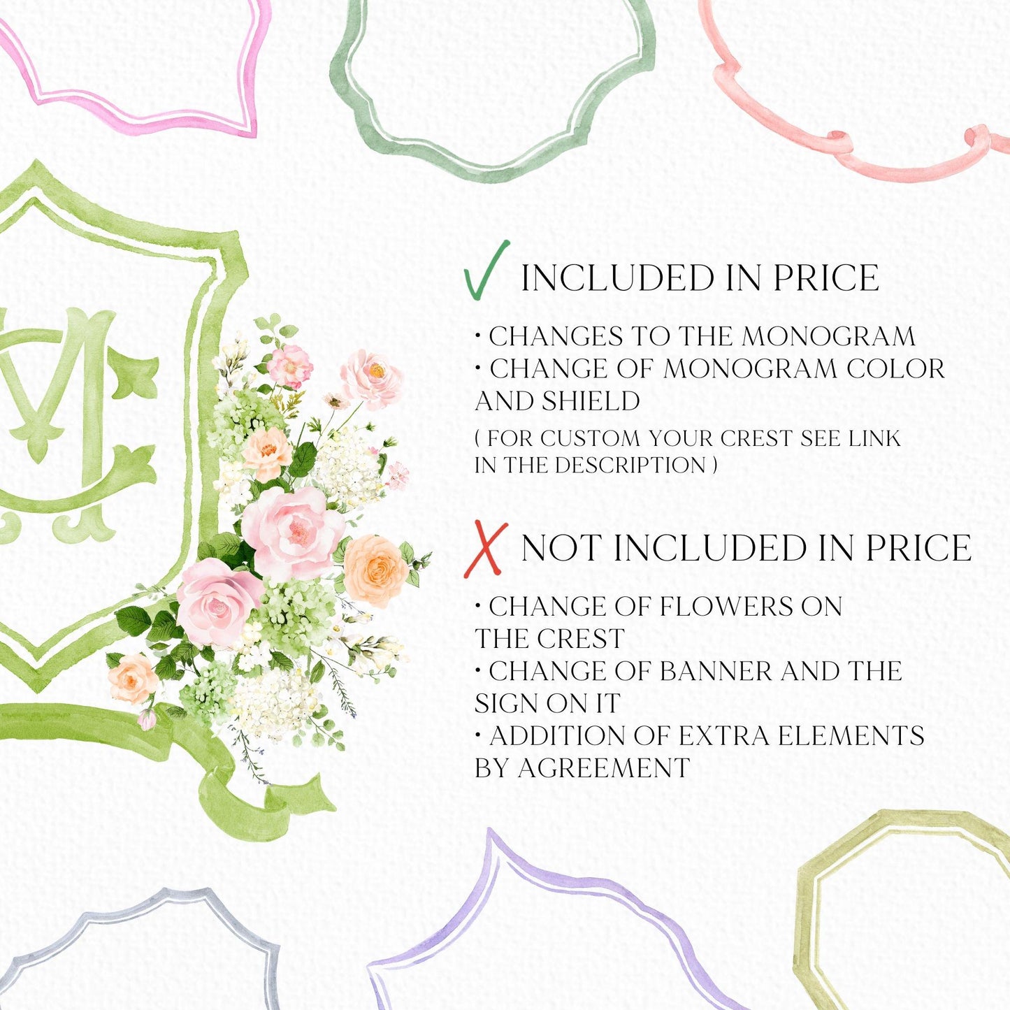 White Roses Blush Pink Rose Flower Wedding Crest - Monogram Crest - Green Hydrangea Floral Luxury Watercolor Wedding Crest