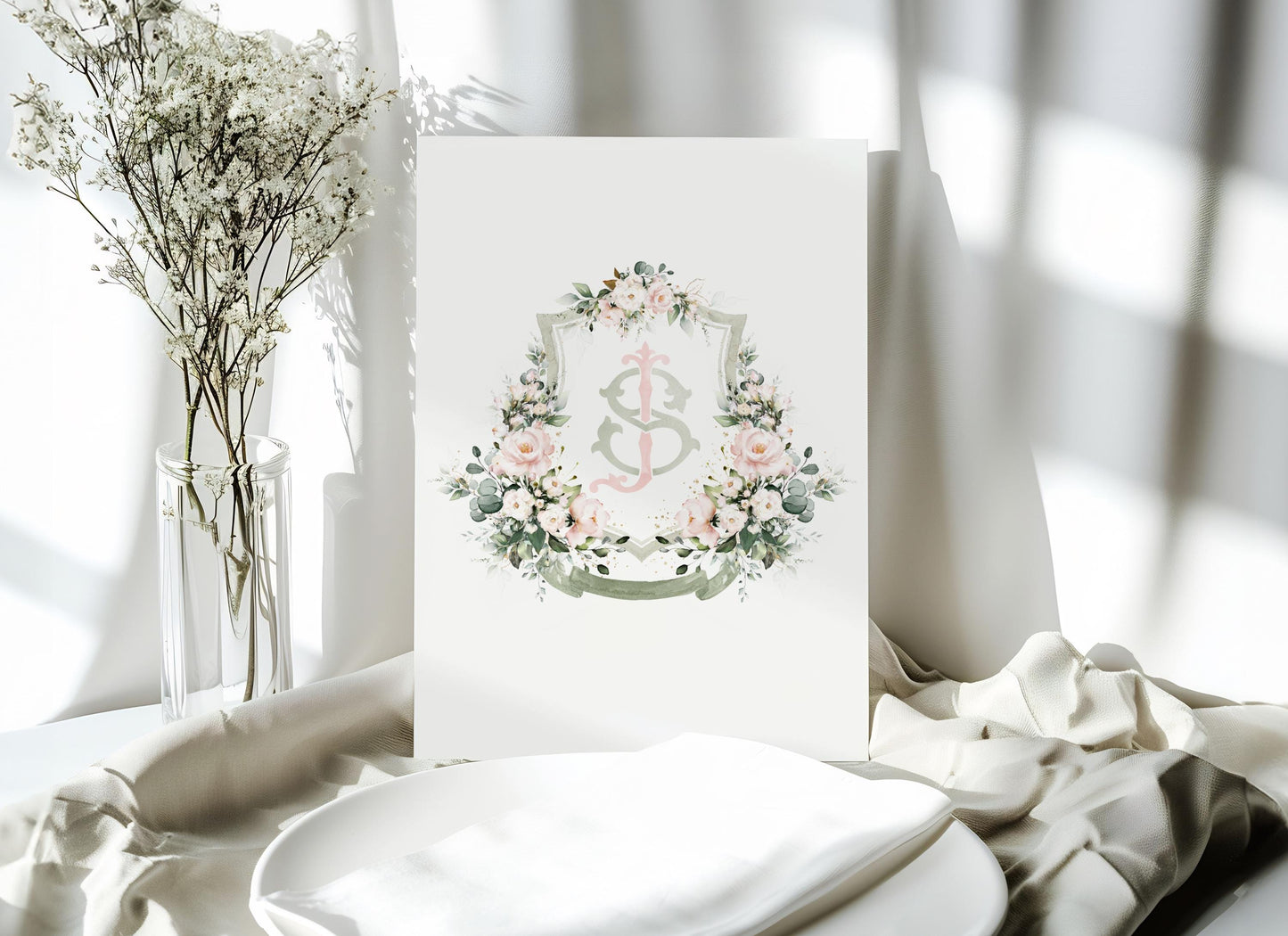 Blush Pink Roses Flower Wedding Crest - Monogram Crest - Pink Floral Luxury Watercolor Wedding Crest - Romantic Wedding Crest - Boho Roses