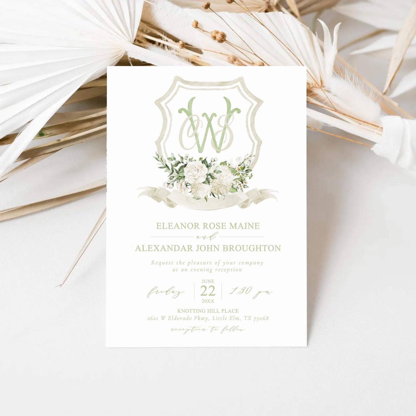 White Hydrangea Roses Flower Wedding Crest - Monogram Crest - Hydrangea Floral Luxury Watercolor Wedding Crest - Romantic Wedding Crest