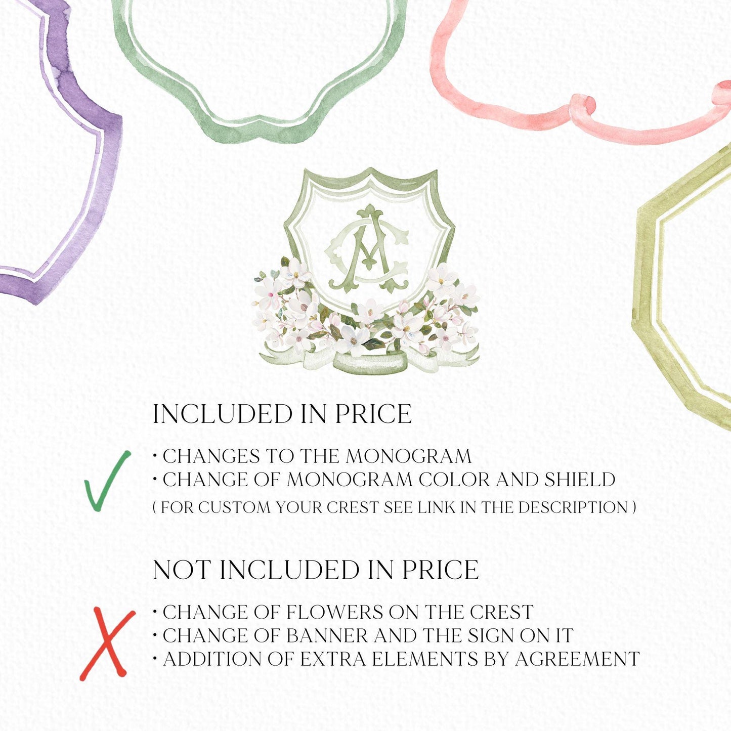Magnolia Greenery Flower Watercolor Wedding Crest - Monogram Crest - Magnolia Floral Watercolor Wedding Crest - Romantic Wedding Crest