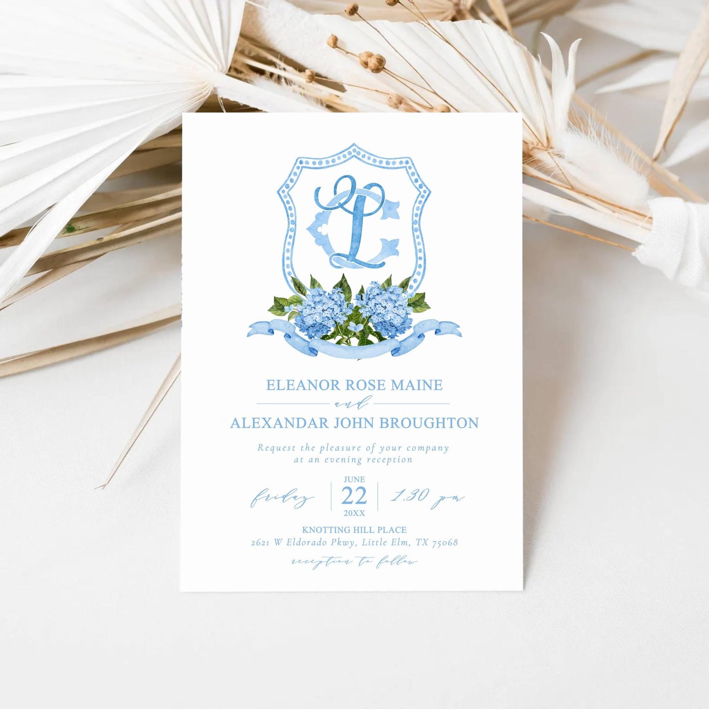 Blue Hydrangea Flower Wedding Crest - Monogram Crest - Hydrangea Floral Luxury Watercolor Wedding Crest - Romantic Wedding Crest