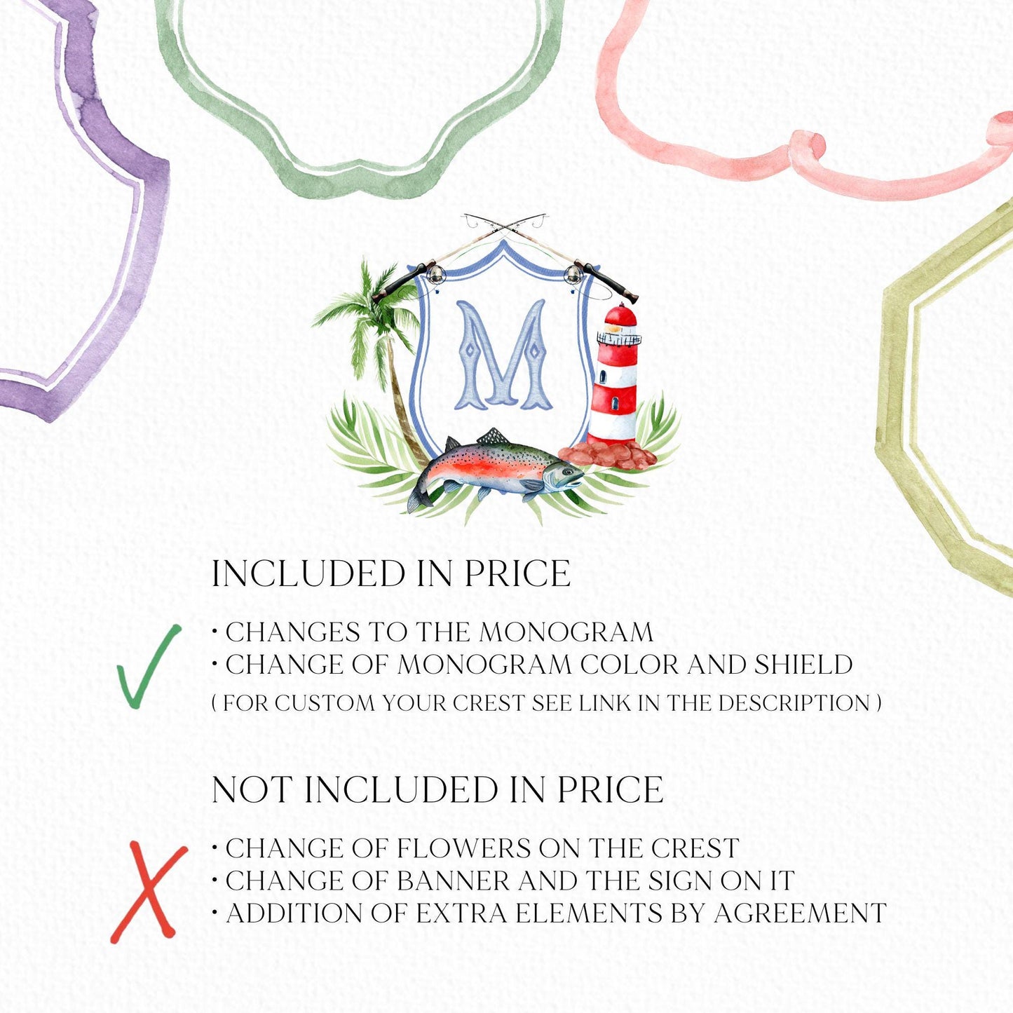 Fish Lighthouse Glass Ocean Wedding Watercolor Crest · Monogram Whale Crest · Palm Leaf Greenery Garden Sea Wedding Crest - Wedding Crest