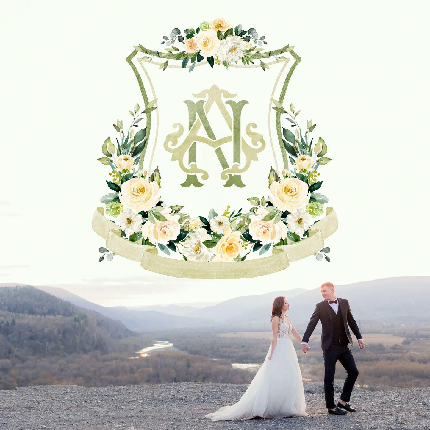 Lemon Green White Yellow Floral Flower Wedding Crest - Monogram Crest - Floral Luxury Watercolor Wedding Crest - Romantic Wedding Crest