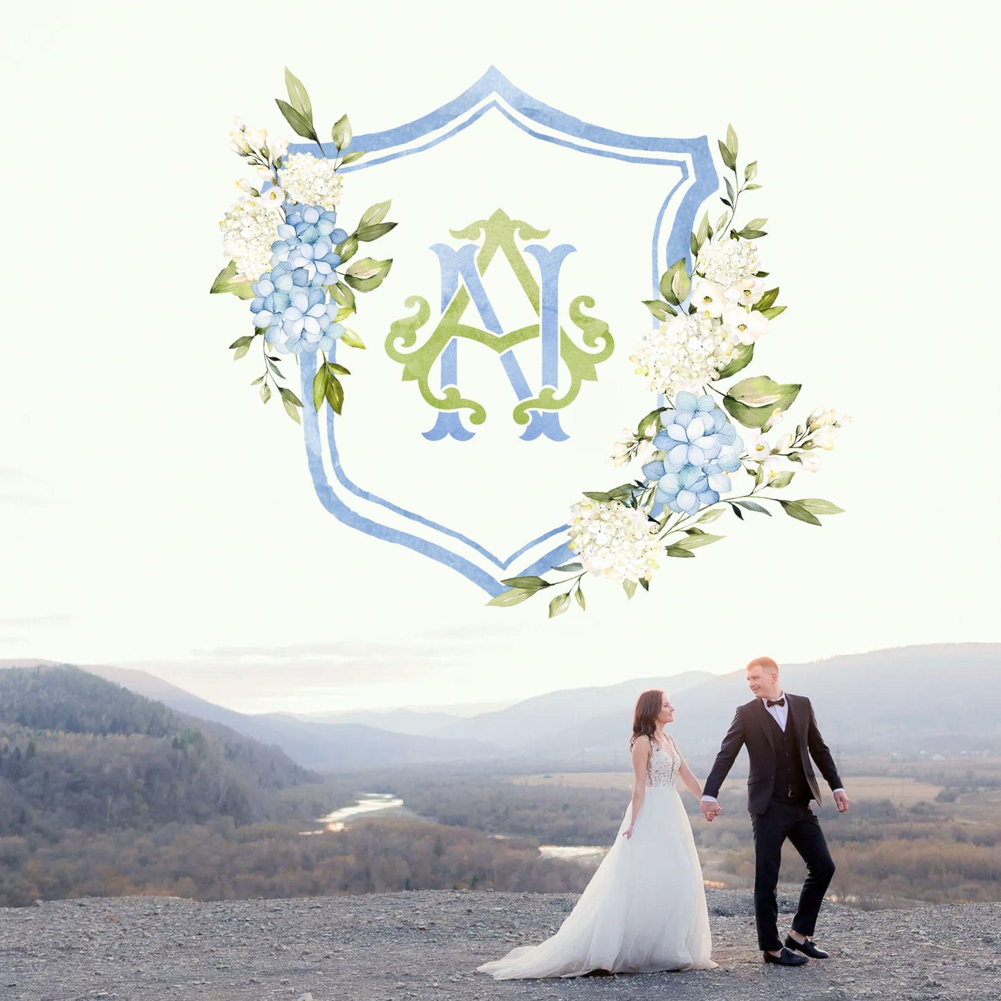 Hydrangea Flower Wedding Crest - Monogram Crest - Hydrangea Floral Luxury Watercolor Wedding Crest - Romantic Wedding Crest- Boho Hydrangea