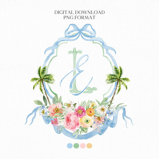 Wildflowers Bright Floral Colorful Palm Watercolor Wedding Crest - Monogram Crest -  Palm Leaf Watercolor Wedding Crest, Pastel Bright Crest