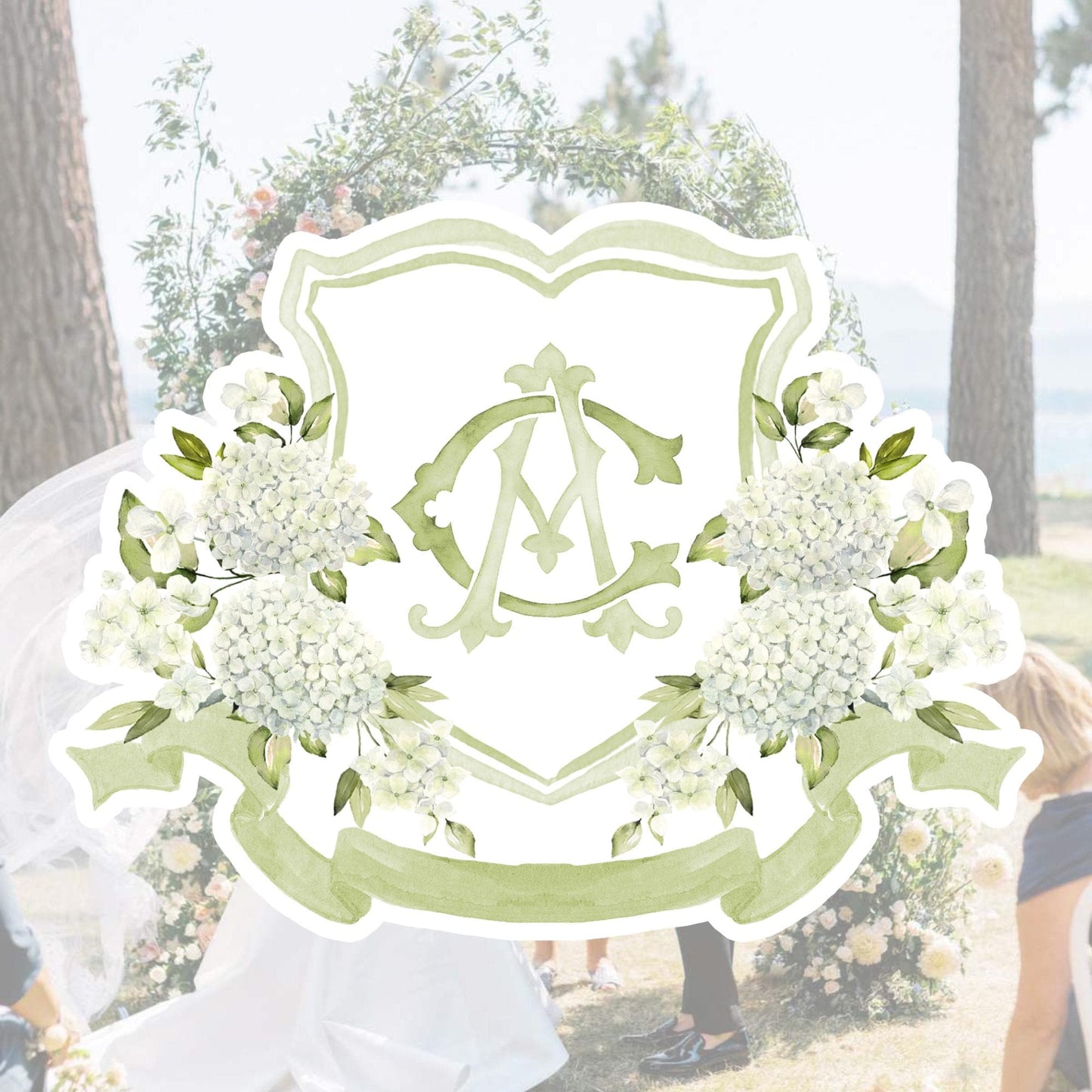 White Hydrangea Flower Wedding Crest - Monogram Crest - Hydrangea Floral Luxury Watercolor Wedding Crest - Romantic Wedding Crest