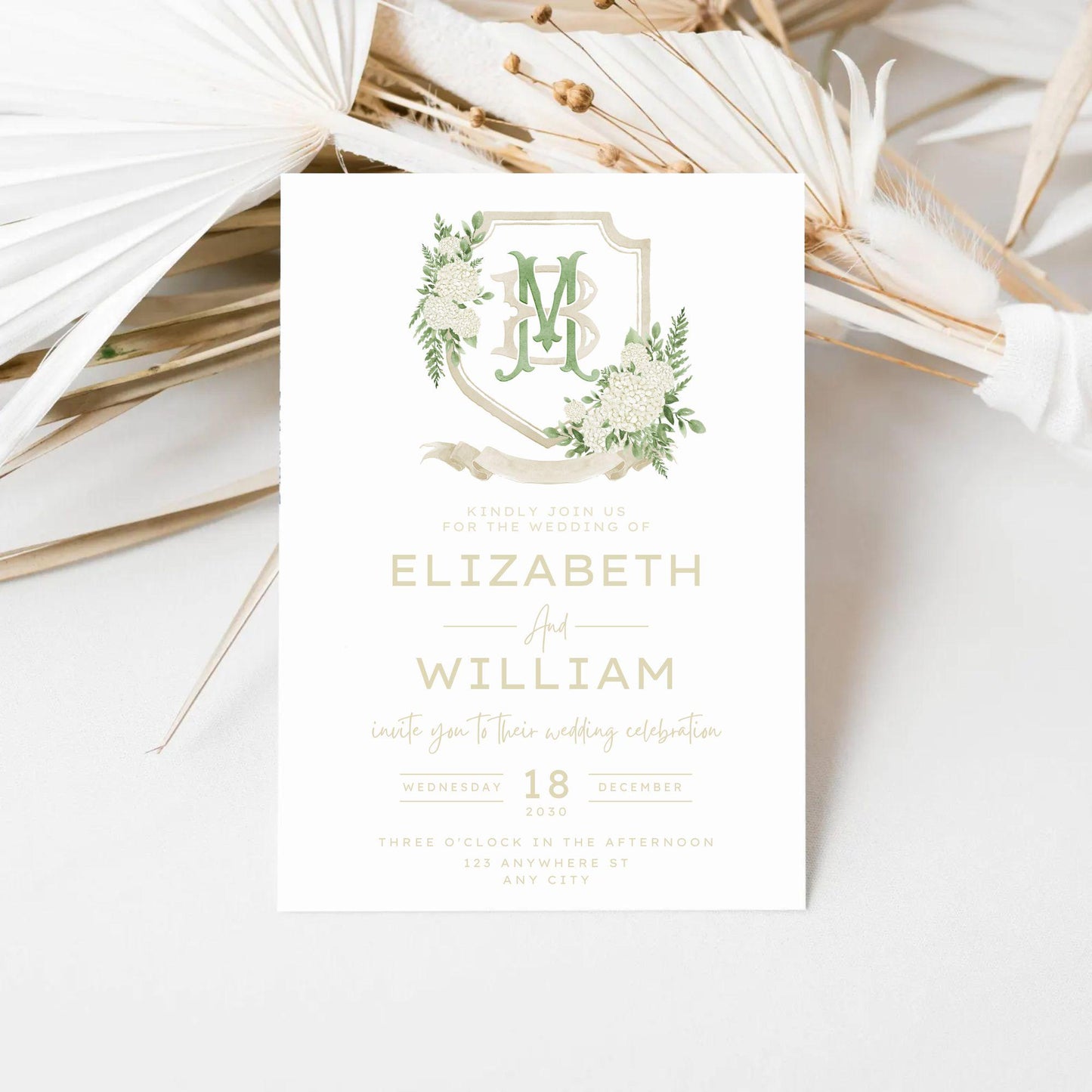 White Hydrangea Flower Wedding Crest - Monogram Crest - Hydrangea Floral Luxury Watercolor Wedding Crest - Romantic Wedding Crest