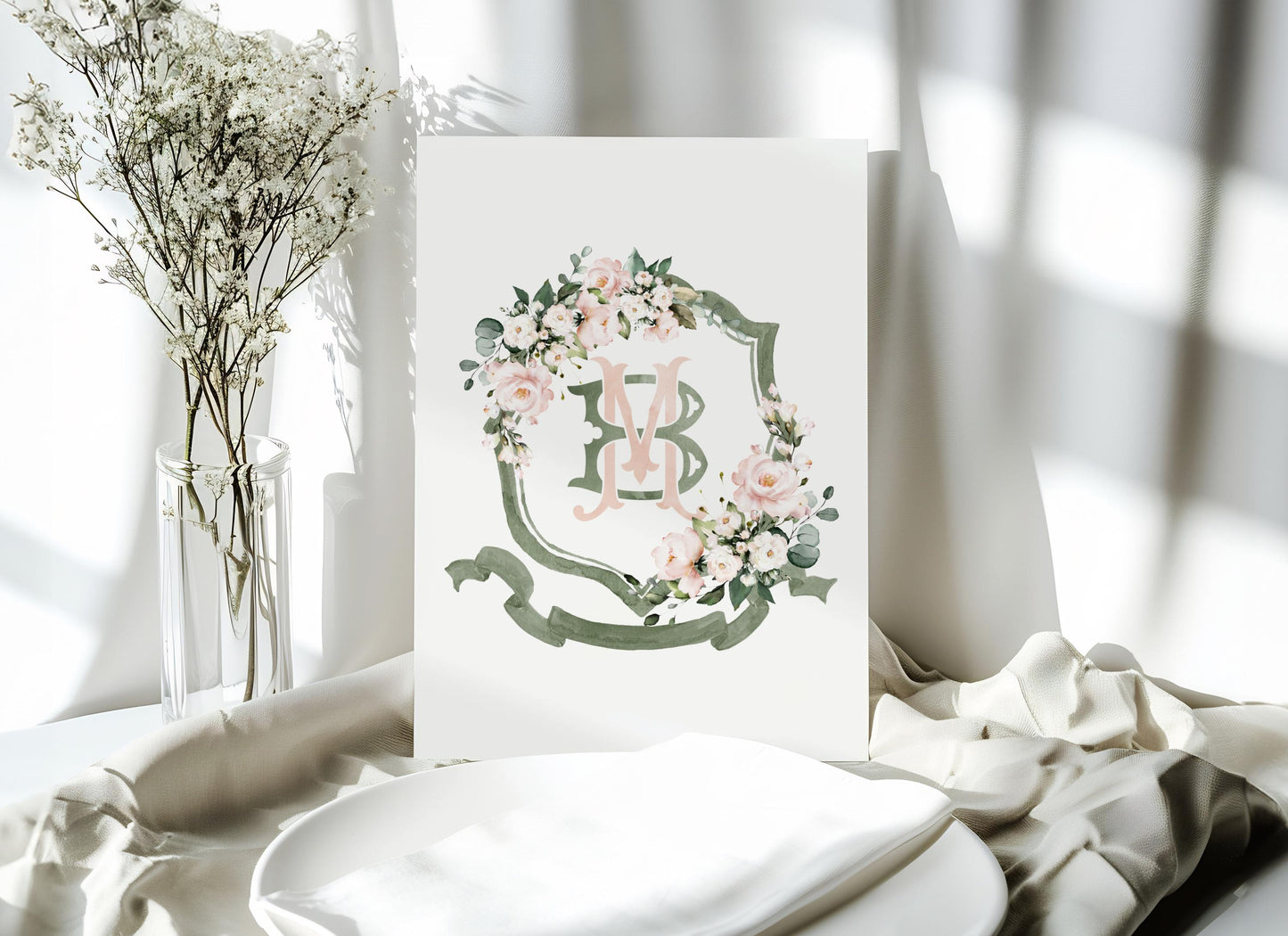 Blush Pink Roses Flower Wedding Crest - Monogram Crest - Pink Floral Luxury Watercolor Wedding Crest - Romantic Wedding Crest - Boho Roses