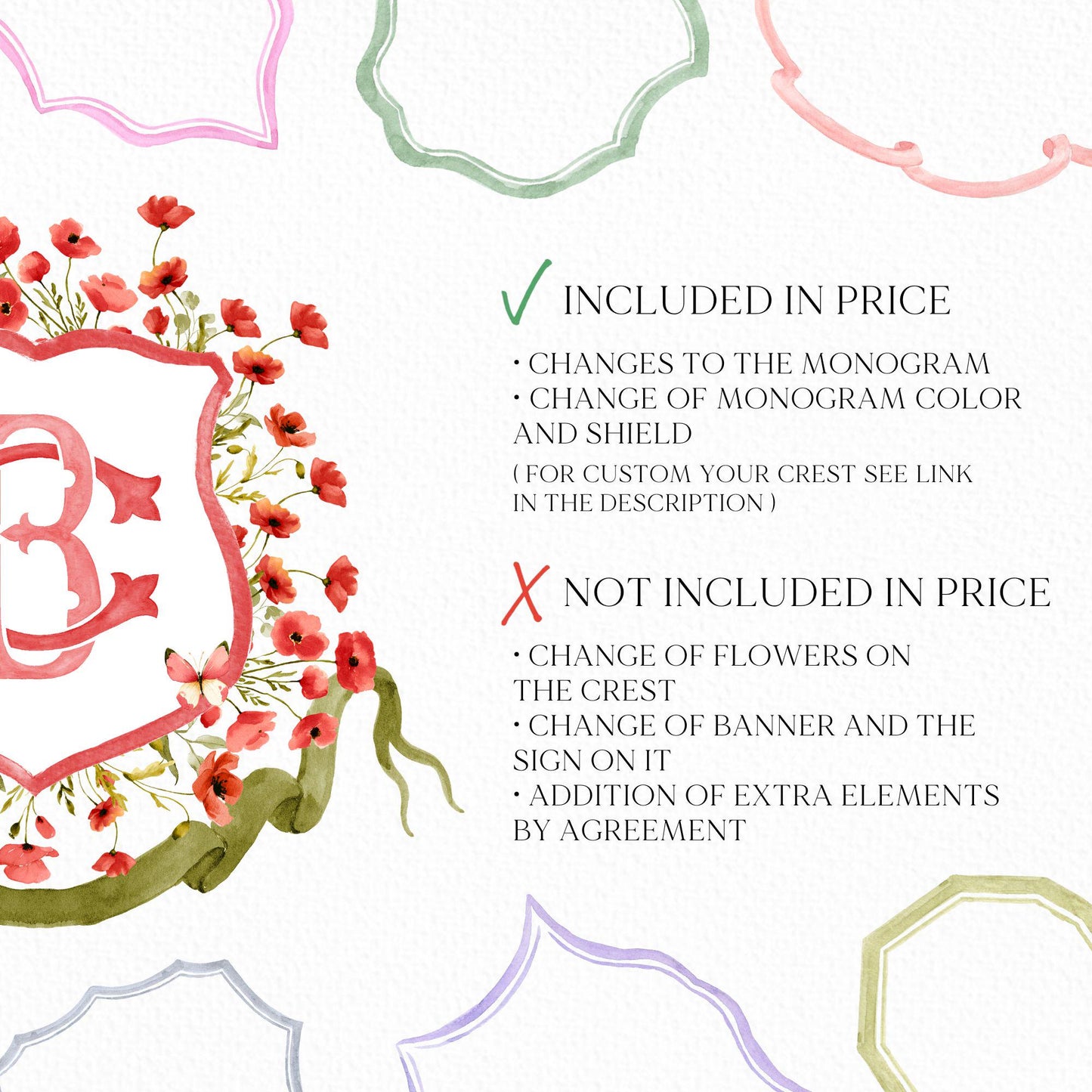 Red Poppy Flower Wedding Crest - Monogram Crest - Watercolor Poppies Floral Luxury Watercolor Wedding Crest - Romantic Wedding Crest