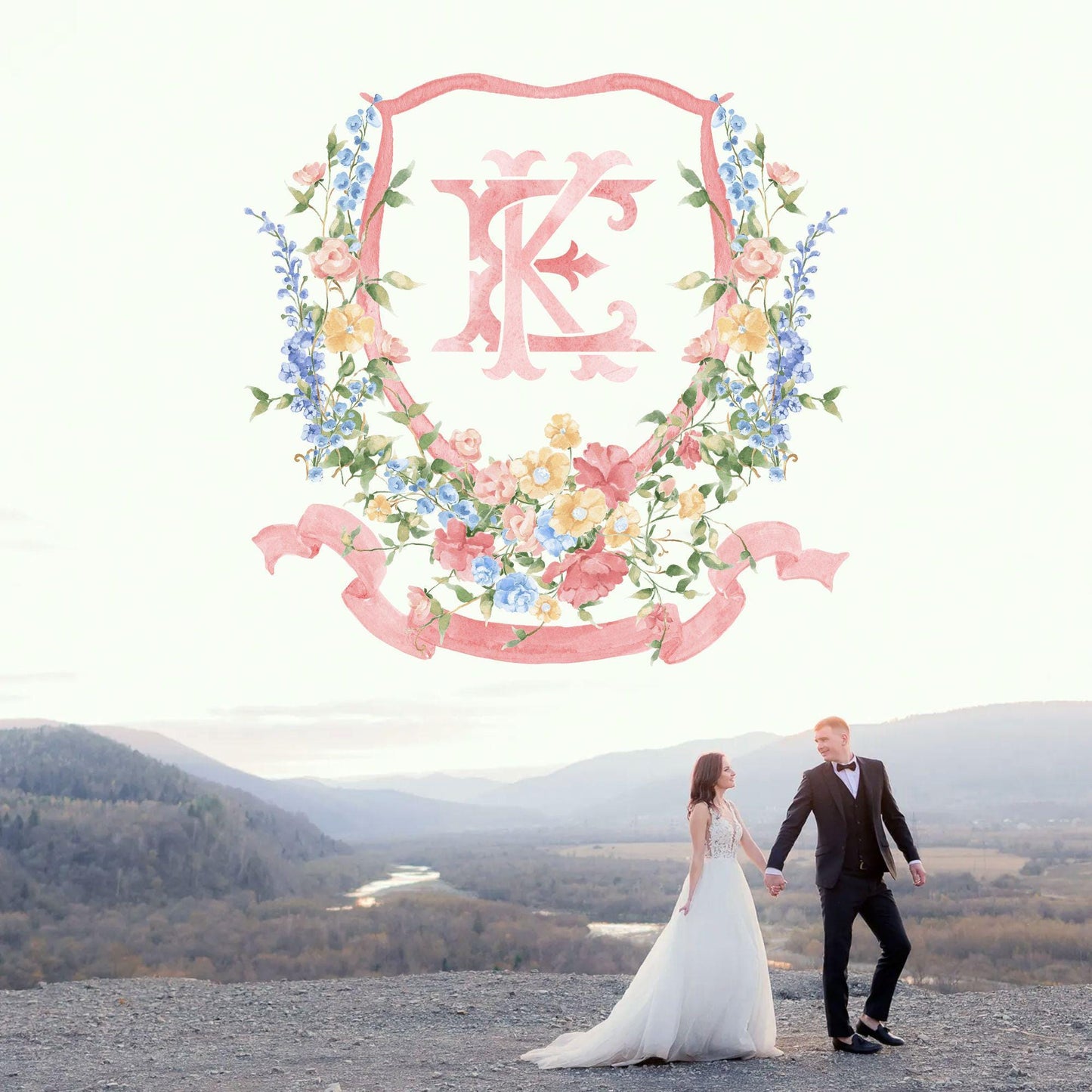 Wildflowers Pink Flower Garden Flowers Wedding Crest - Monogram Crest - Floral Luxury Watercolor Wedding Crest - Romantic Wedding Crest