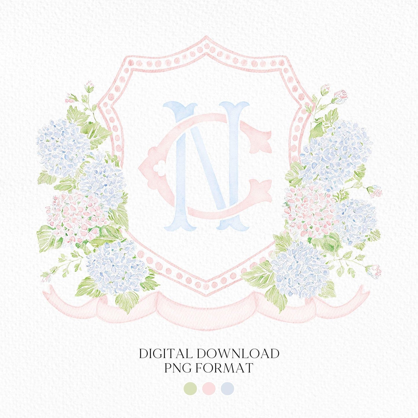 Blue Pink Hydrangea Flower Wedding Crest - Monogram Crest - Pastel Color Hydrangea Floral Luxury Watercolor Wedding Crest