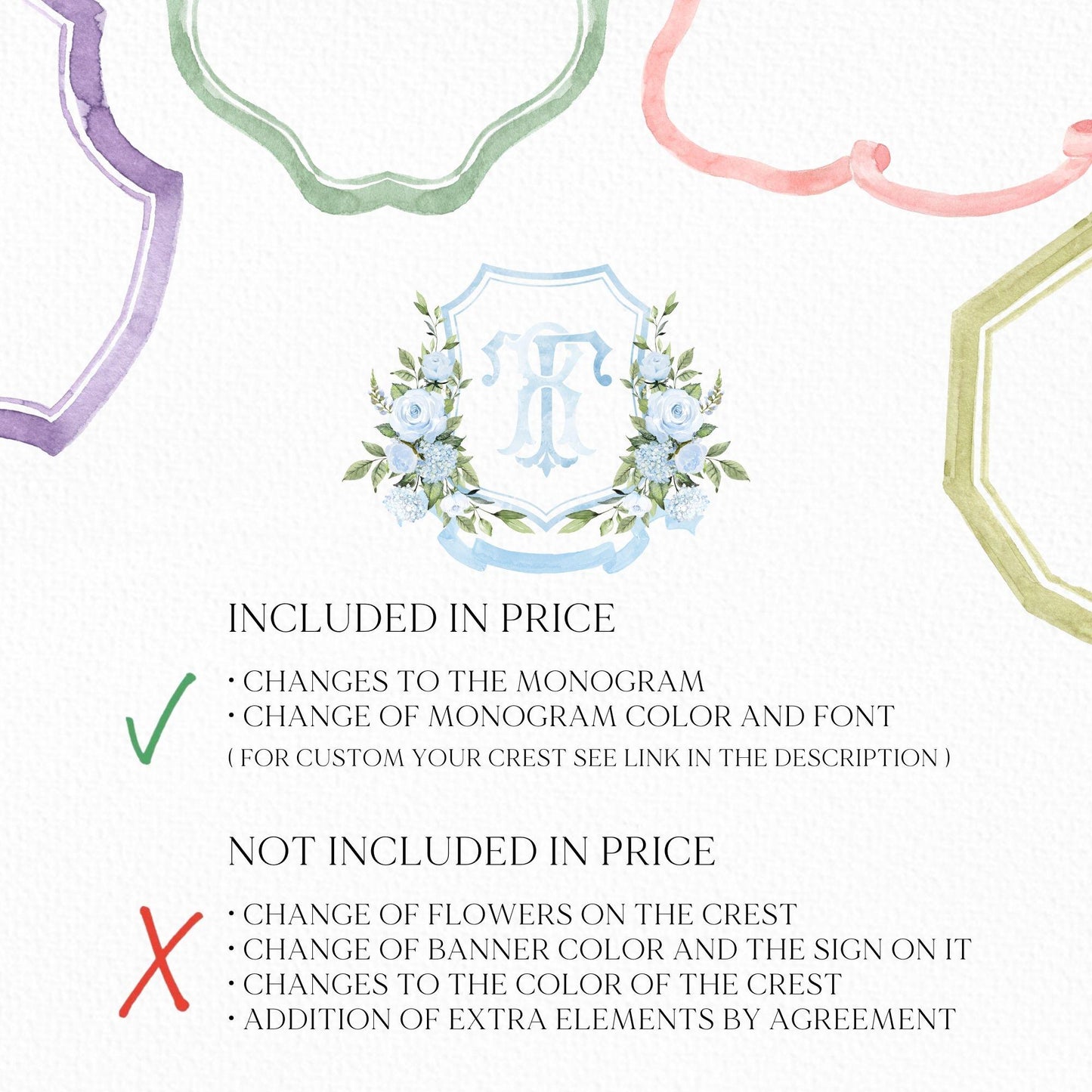 Baby Blue Roses Eucalyptus Flower Wedding Crest - Monogram Crest - Blue Floral Luxury Watercolor Wedding Crest - Romantic Wedding Crest