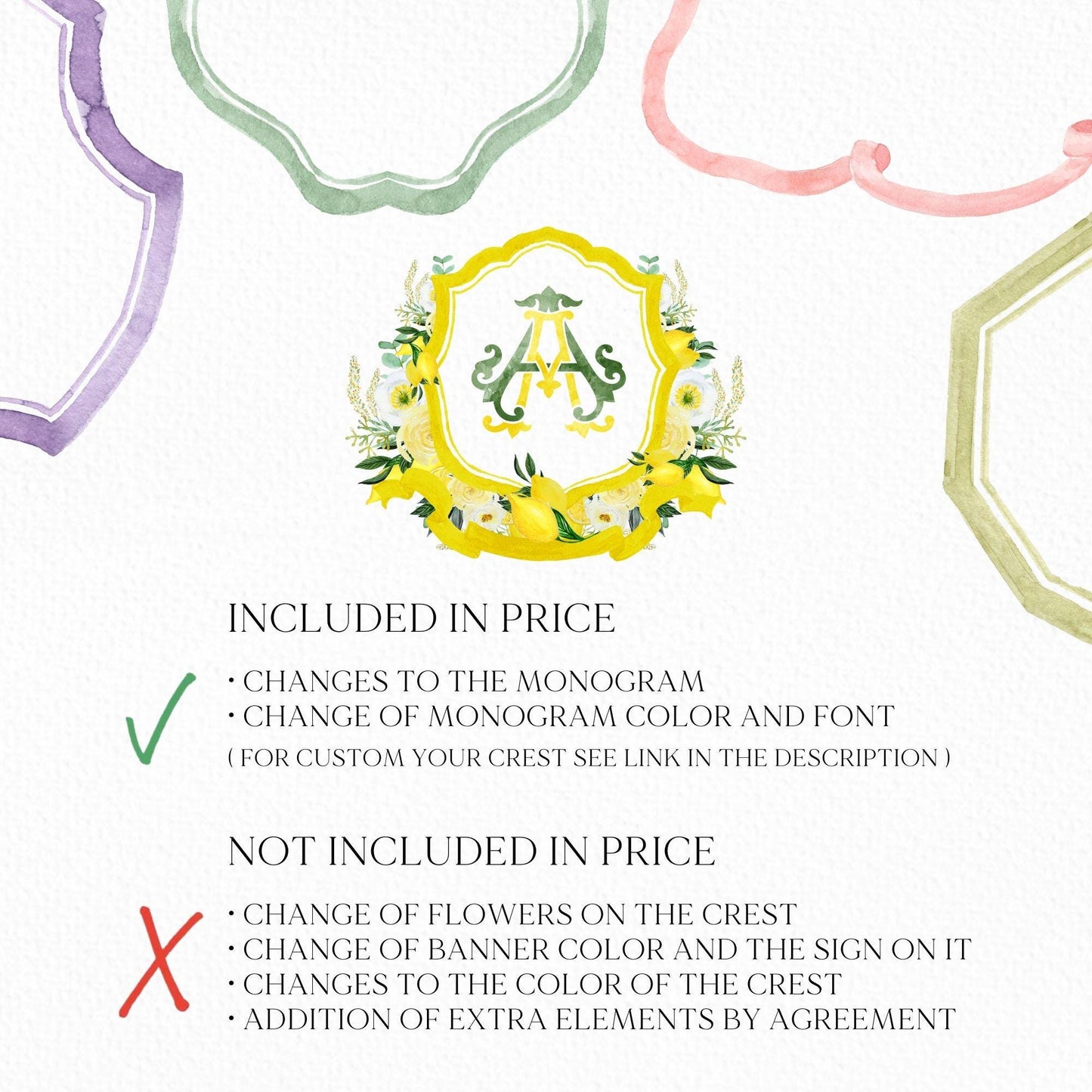 Yellow Floral Lemons Watercolor Wedding Crest - Monogram Crest - Floral Luxury Watercolor Wedding Crest - Romantic Wedding Crest