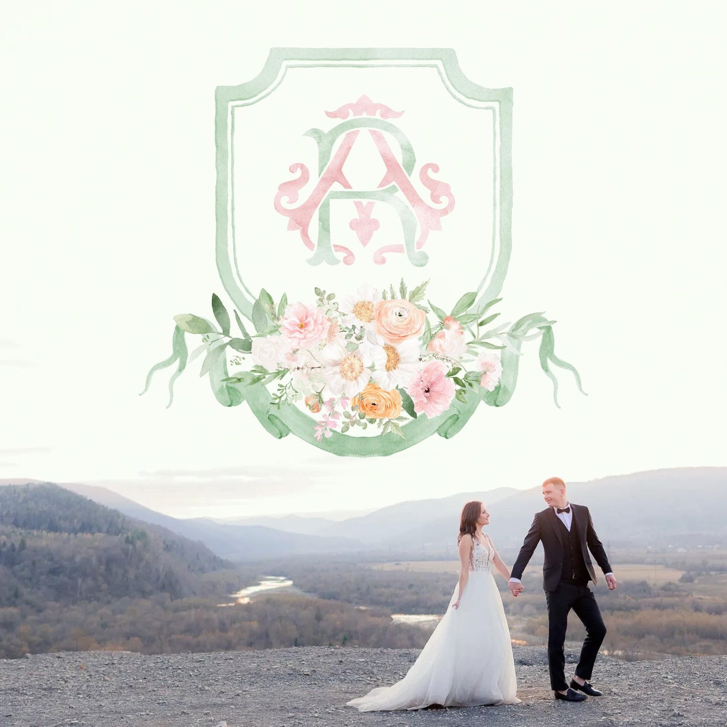 Wildflowers Pink Flower Garden Flowers Wedding Crest - Monogram Crest - Floral Luxury Watercolor Wedding Crest - Romantic Wedding Crest