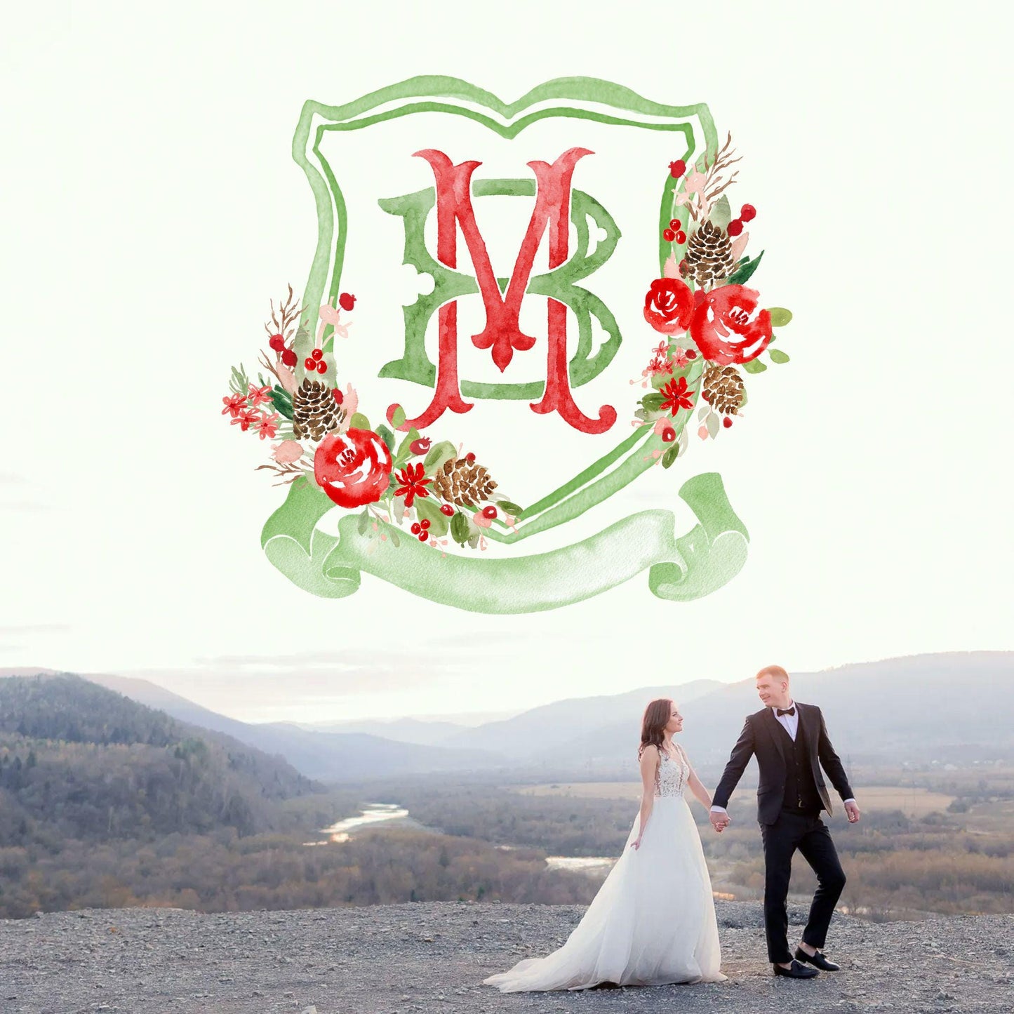 Custom Monogram Christmas Wedding Crest - Rose Hips Floral Watercolor - Winter Christmas Watercolors Crests