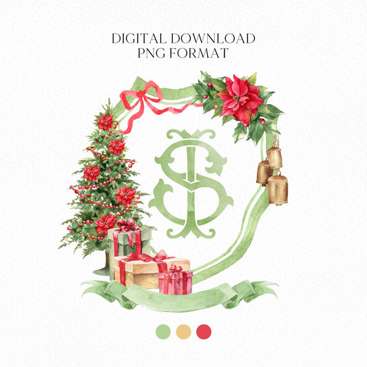 Red Green Christmas Crest - Monogram Crest - Christmas Watercolor Crest DIY - Luxury Watercolor Wedding Crest - Tree Christmas