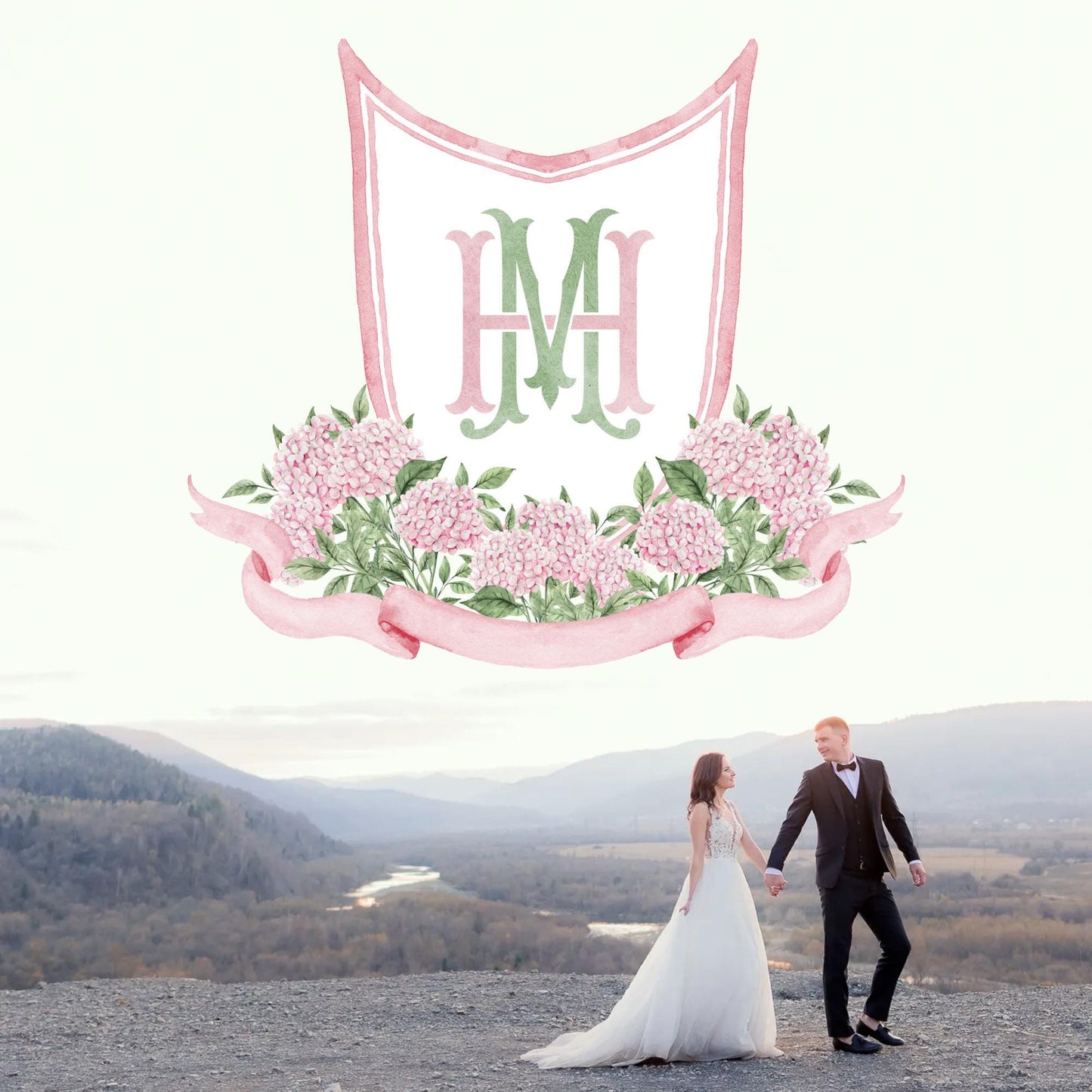 Pink Hydrangea Flower Wedding Crest - Monogram Crest - Hydrangea Light Pink Floral Luxury Watercolor Wedding Crest - Romantic Wedding Crest