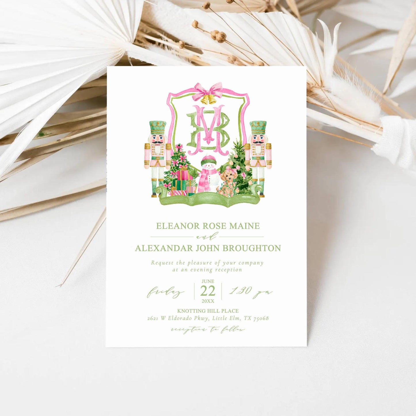 Custom Christmas Wedding Crest - Monogram Crest - Nutcracker Pink Floral Watercolor Wedding Crest - Winter Christmas Wedding Crest