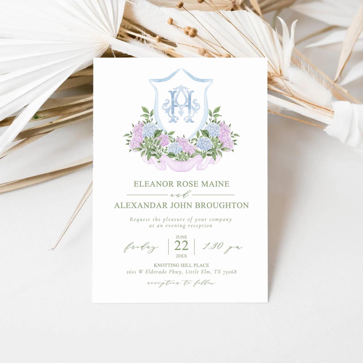 Hydrangea Light Blue Flower Wedding Crest - Monogram Crest - Purple Hydrangea White Floral Watercolor Wedding Crest Romantic Wedding Crest
