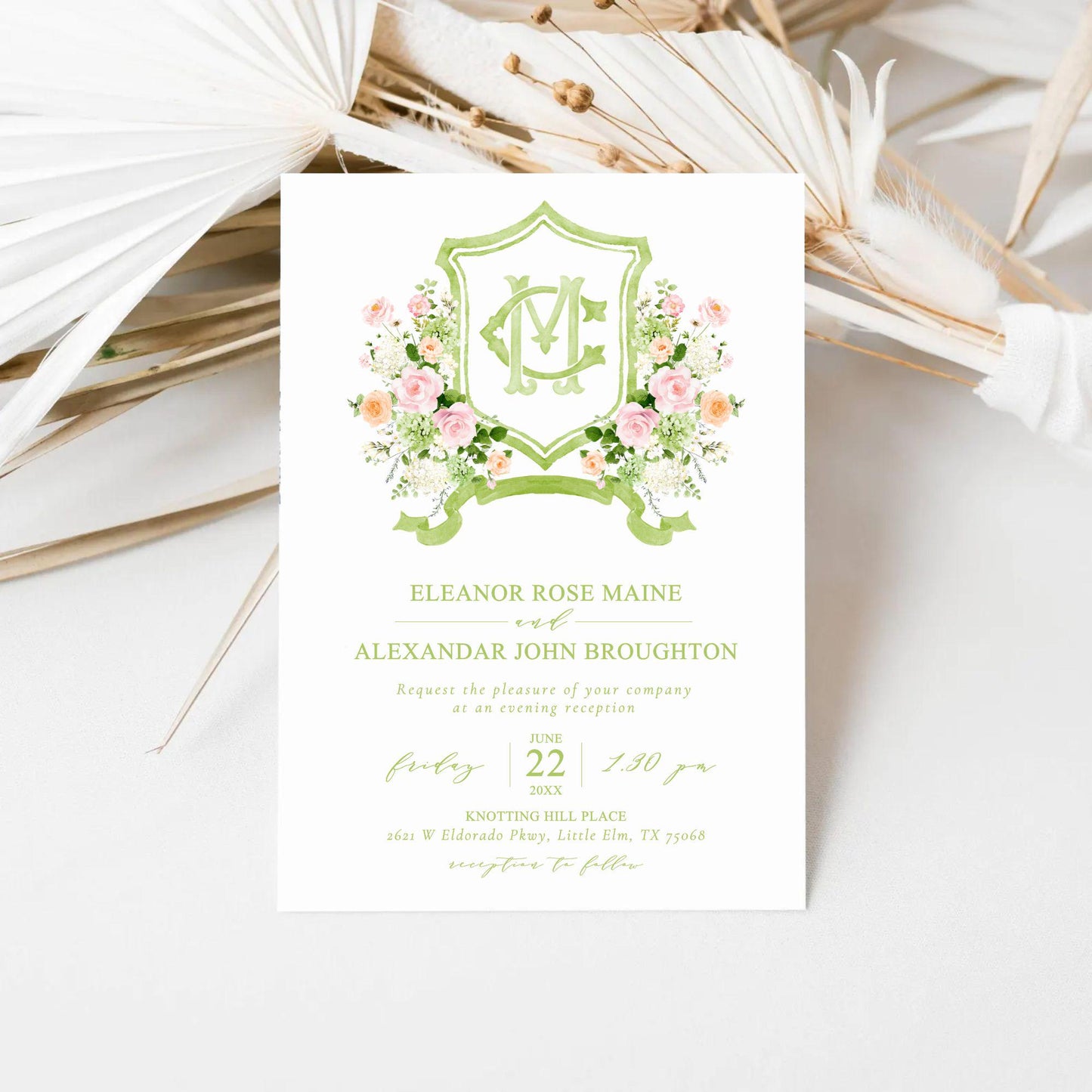 White Roses Blush Pink Rose Flower Wedding Crest - Monogram Crest - Green Hydrangea Floral Luxury Watercolor Wedding Crest