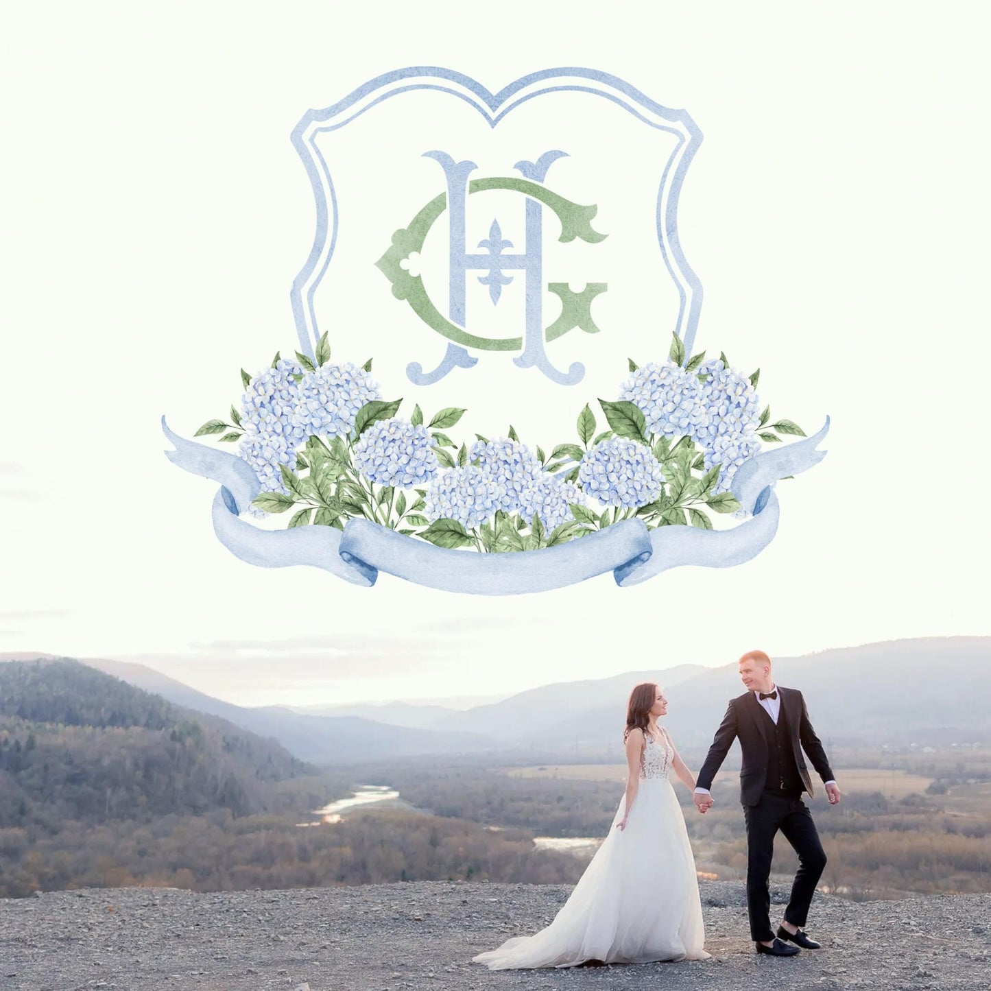 Blue Hydrangea Flower Wedding Crest - Monogram Crest - Hydrangea Light Blue Floral Luxury Watercolor Wedding Crest - Romantic Wedding Crest
