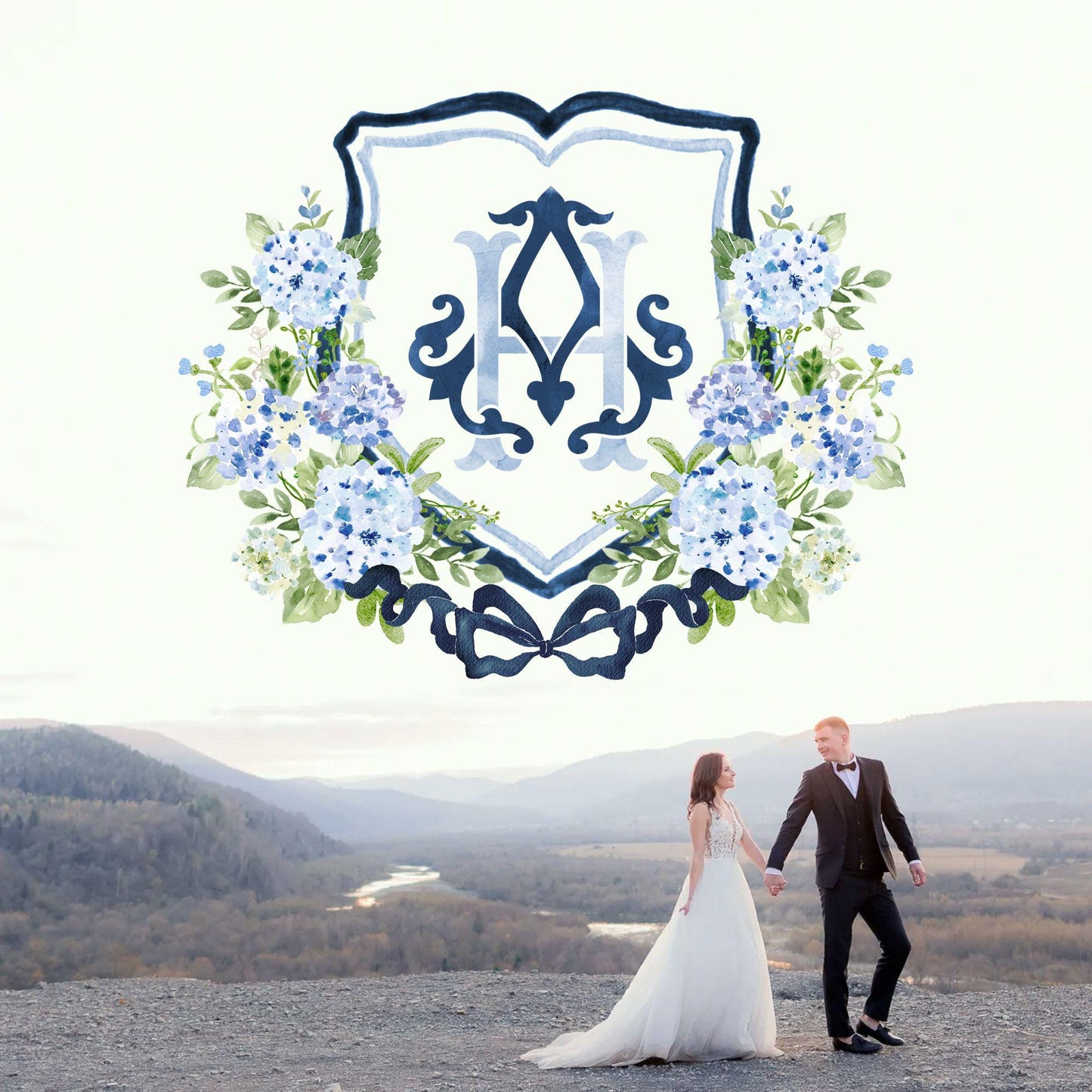 Hydrangea Flower Wedding Crest - Monogram Crest - Hydrangea Floral Luxury Watercolor Wedding Crest - Romantic Wedding Crest- Boho Hydrangea