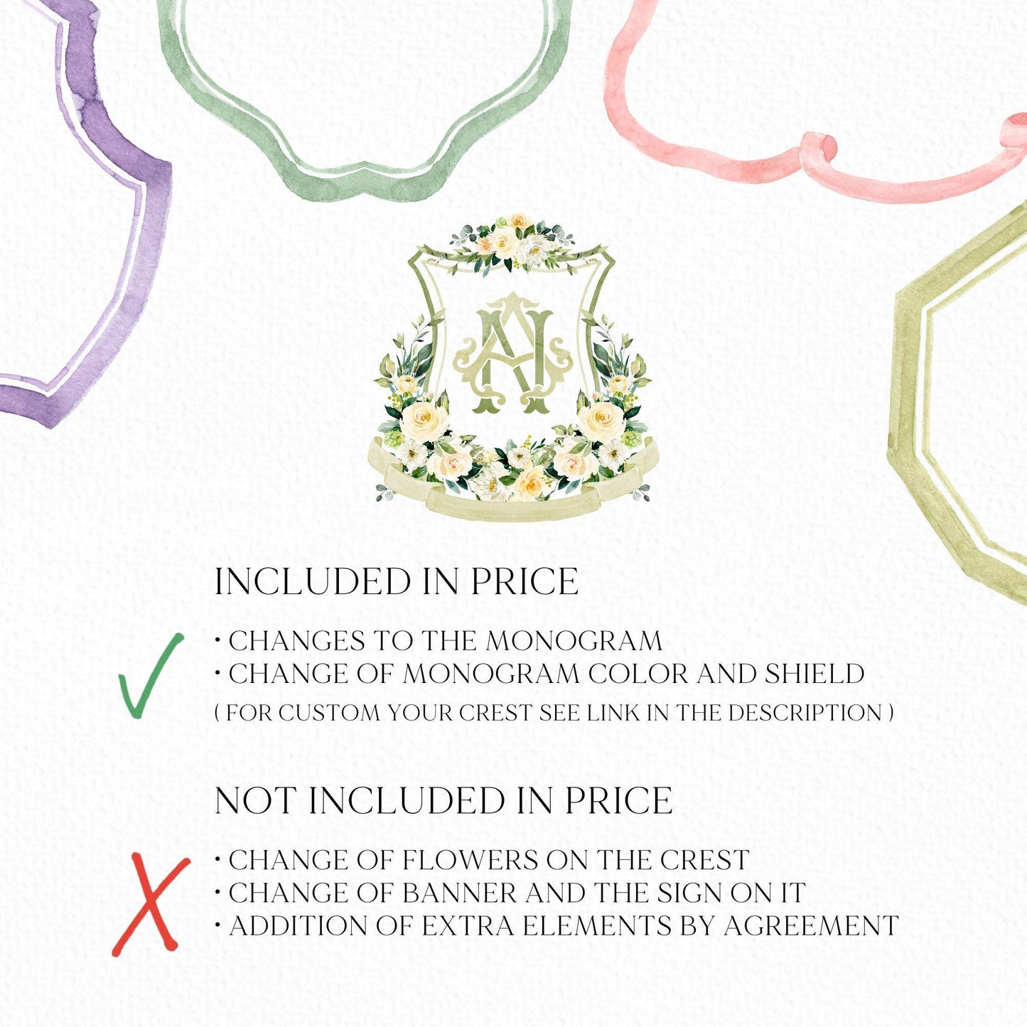 Lemon Green White Yellow Floral Flower Wedding Crest - Monogram Crest - Floral Luxury Watercolor Wedding Crest - Romantic Wedding Crest