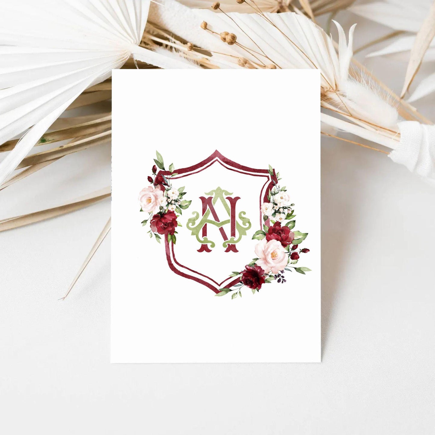Marsala & Blush Pink Floral Rustic Greenery Flower Wedding Crest - Monogram Crest - Floral Watercolor Wedding Crest - Romantic Wedding Crest
