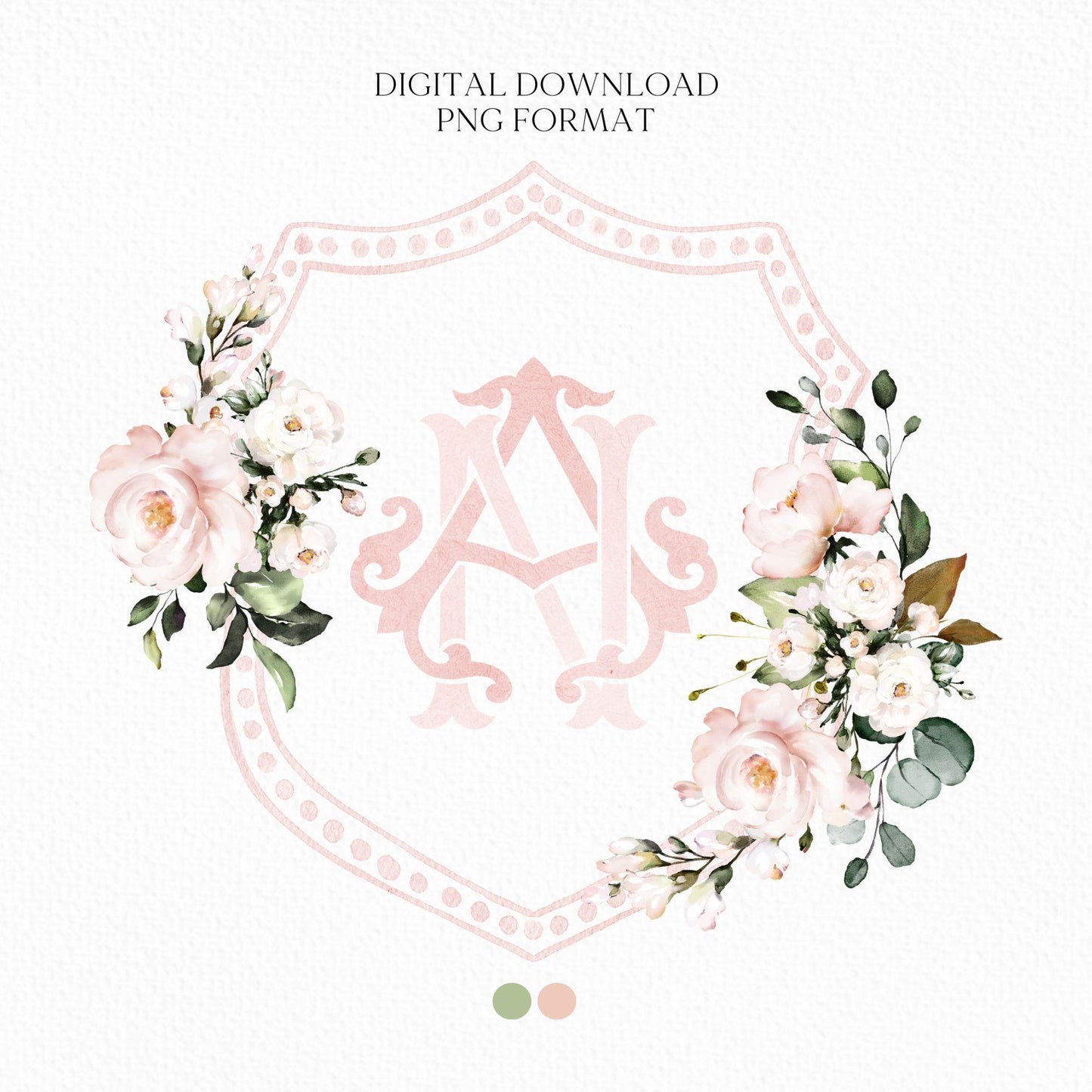 Roses Blush Pink Floral Rustic Flower Wedding Crest - Monogram Crest - Roses Pink Floral Watercolor Wedding Crest - Romantic Wedding Crest