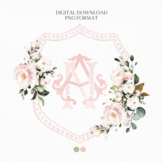 Roses Blush Pink Floral Rustic Flower Wedding Crest - Monogram Crest - Roses Pink Floral Watercolor Wedding Crest - Romantic Wedding Crest