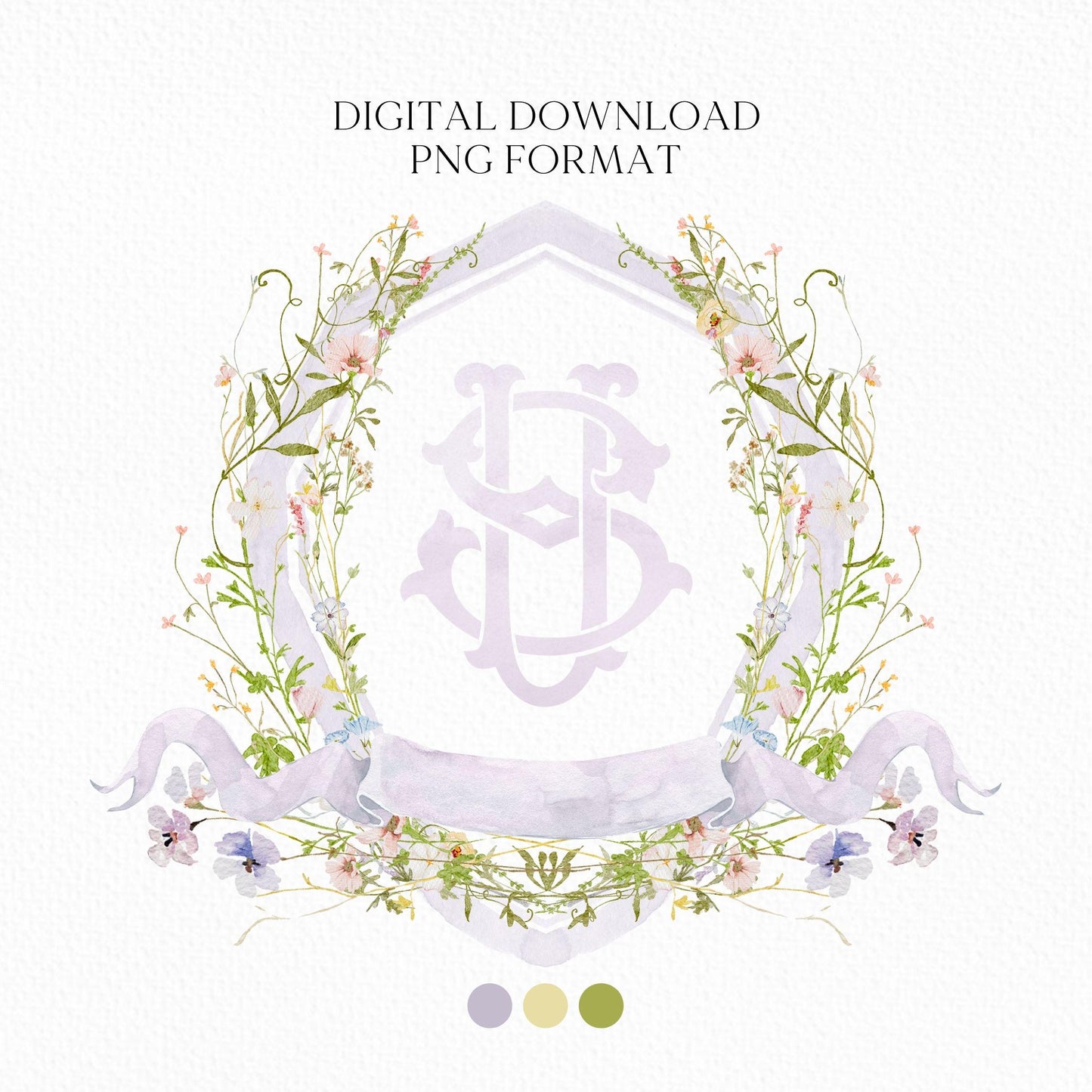 Isabella Wildflower Flower Wedding Crest - Monogram Crest - Wildflower Floral Luxury Watercolor Wedding Crest - Romantic Wedding Crest