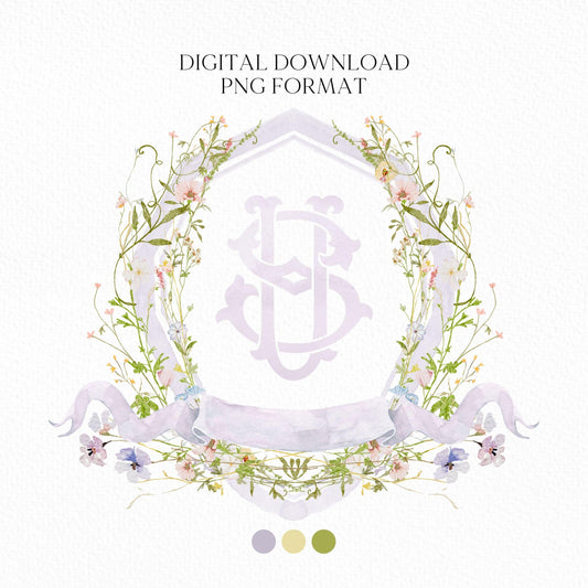 Isabella Wildflower Flower Wedding Crest - Monogram Crest - Wildflower Floral Luxury Watercolor Wedding Crest - Romantic Wedding Crest