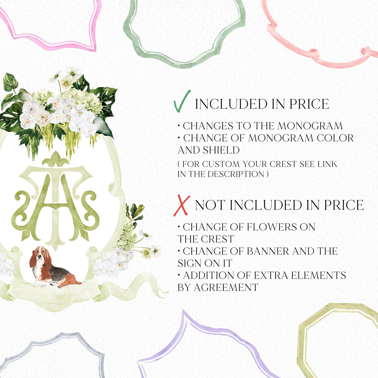 Hydrangea Macrophylla Green Flower Wedding Crest, Monogram Crest, Lush bright Greenery Floral Watercolor Wedding Crest, Hydrangea Crest