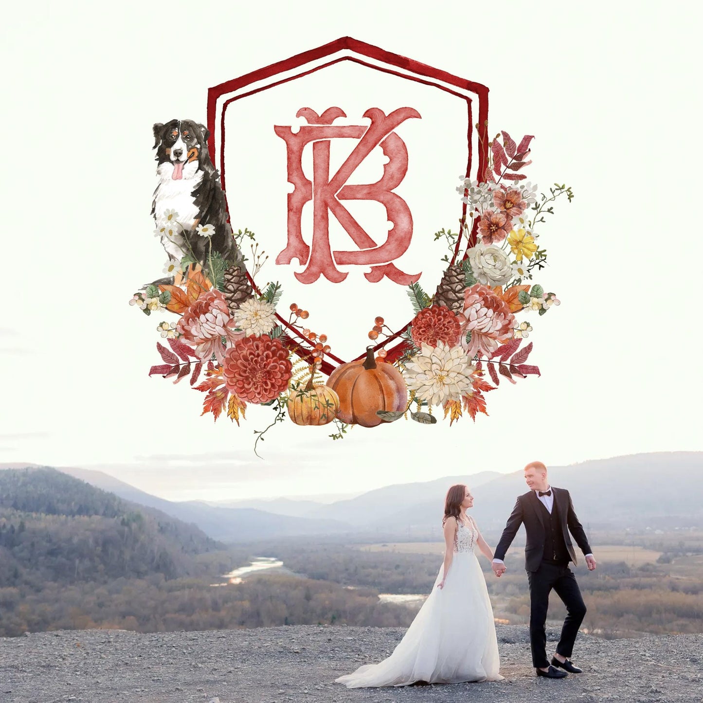 Autumn Watercolor Flower Leaf Wedding Crest - Monogram Crest - Rustic Fall Floral Luxury Watercolor Wedding Crest - Pumpkins Wedding Crest
