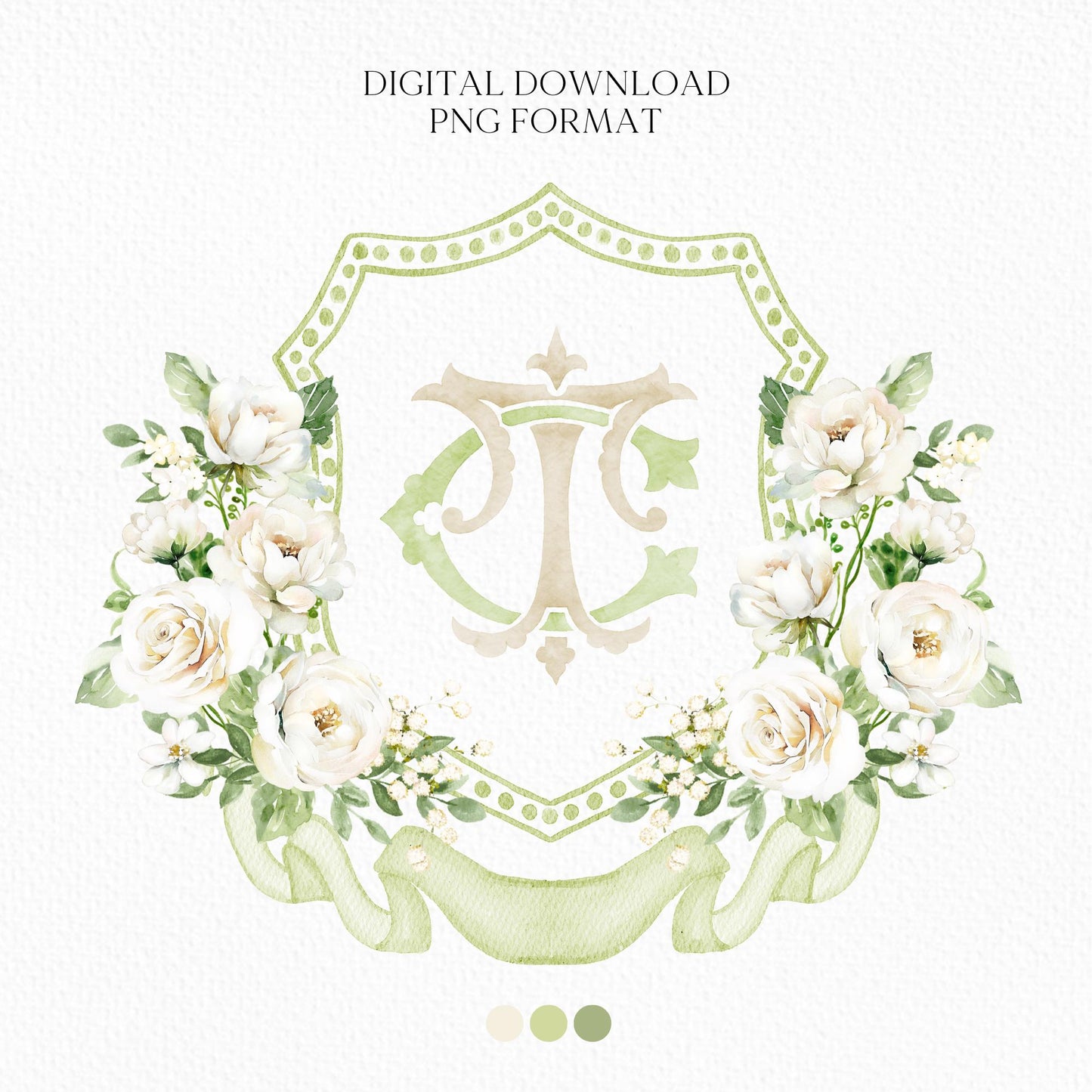 White Rose Greenery White Flower Wedding Crest - Monogram Crest - White Cream Roses flower Watercolor Wedding Crest - Romantic Wedding Crest