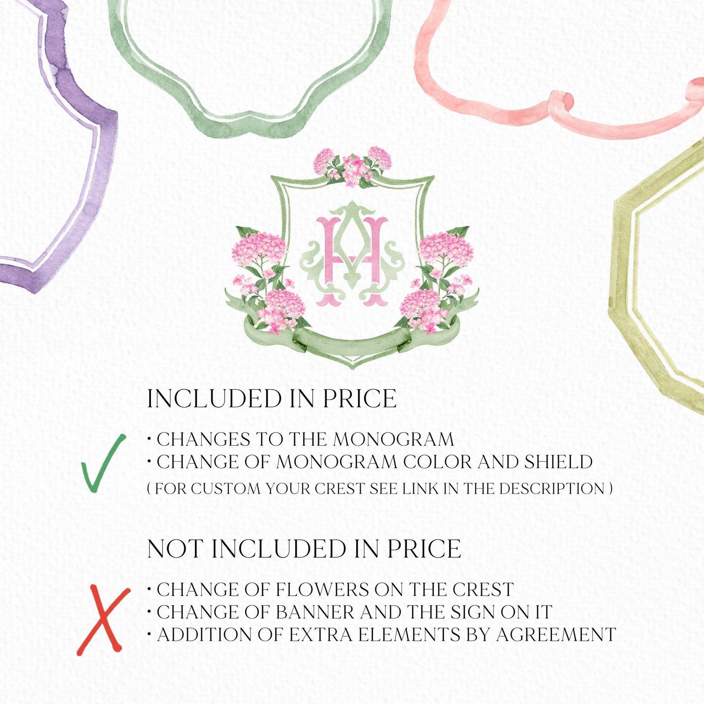 Pink Hydrangea Flower Wedding Crest - Monogram Crest - Hydrangea Light Pink Floral Luxury Watercolor Wedding Crest - Romantic Wedding Crest
