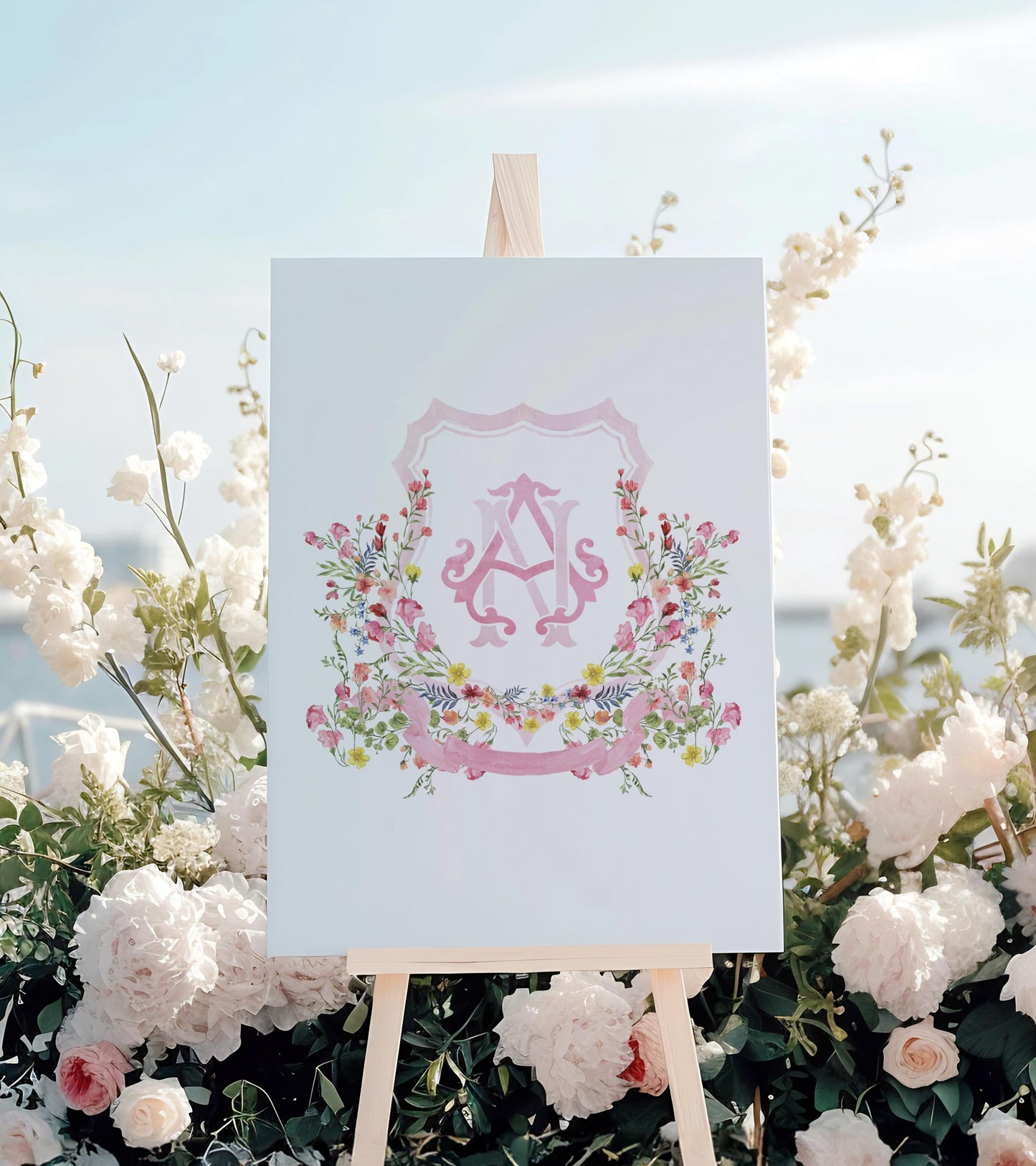 Wildflower Pink Flower Wedding Crest - Monogram Crest - Floral Luxury Watercolor Wedding Crest - Romantic Wedding Crest