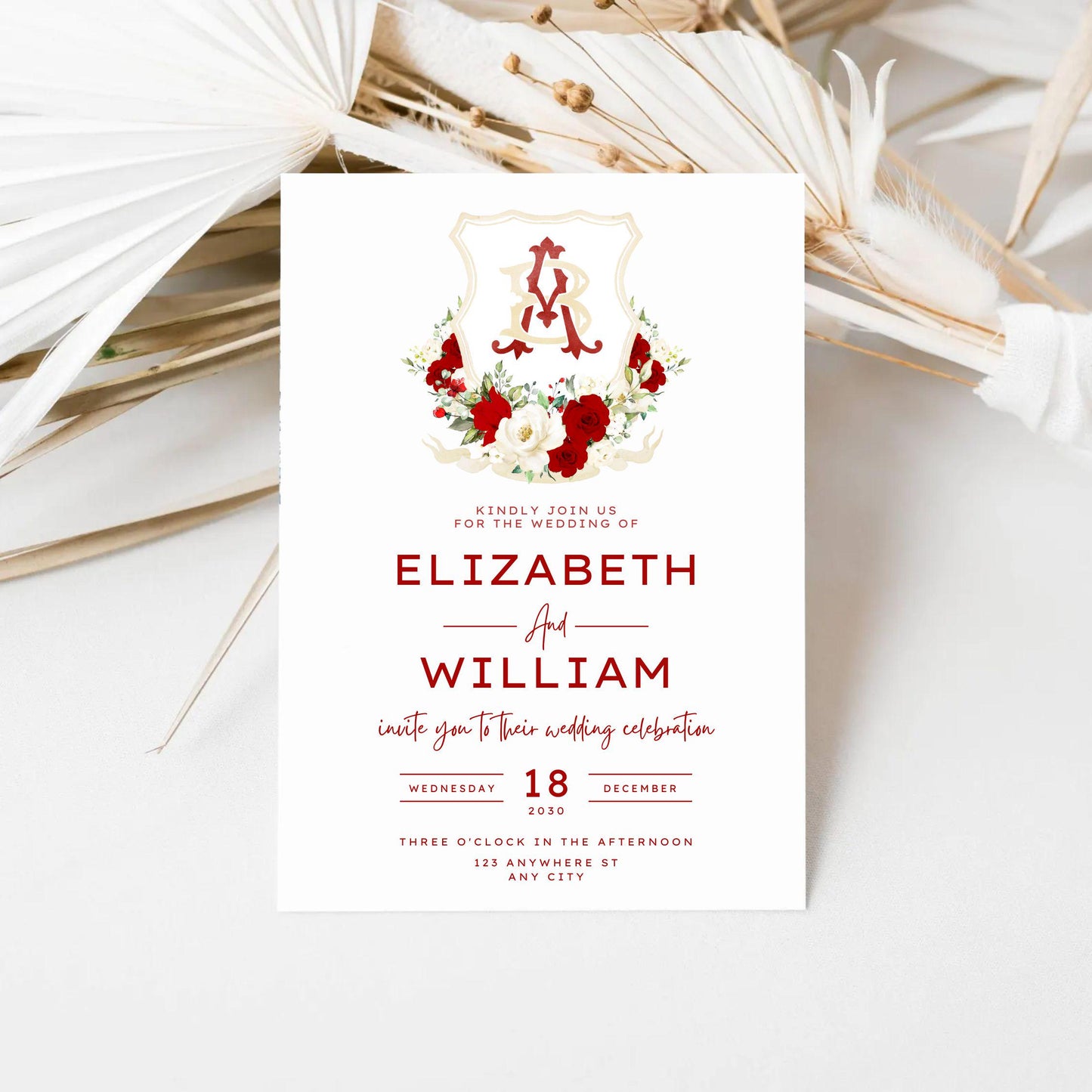 ROSIE - Red and White Roses Flower Wedding Crest - Monogram Crest - Floral Luxury Watercolor Wedding Crest - Romantic Wedding Crest